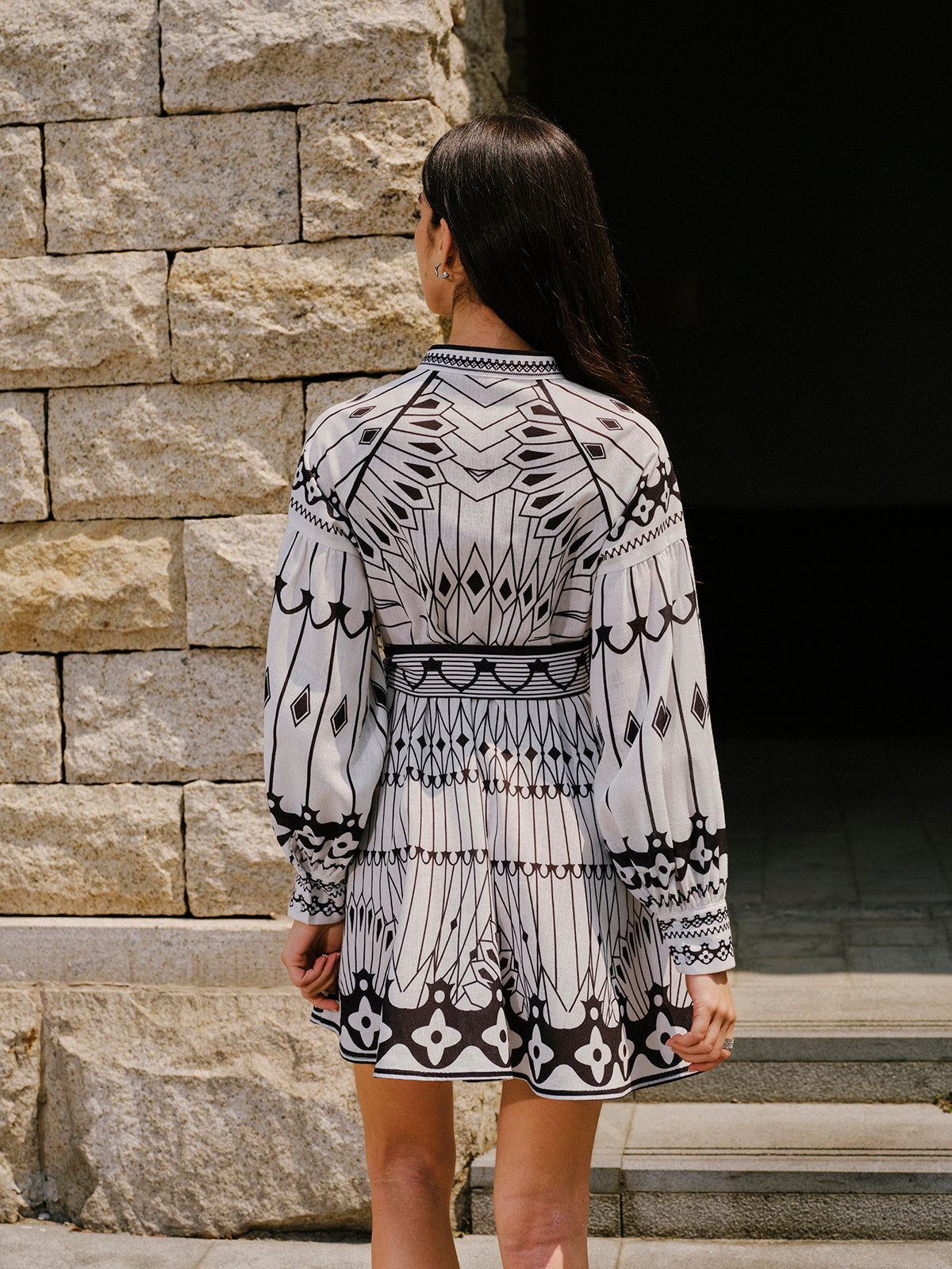 Linen Blend Long Sleeve Belted Dress-Chicvia