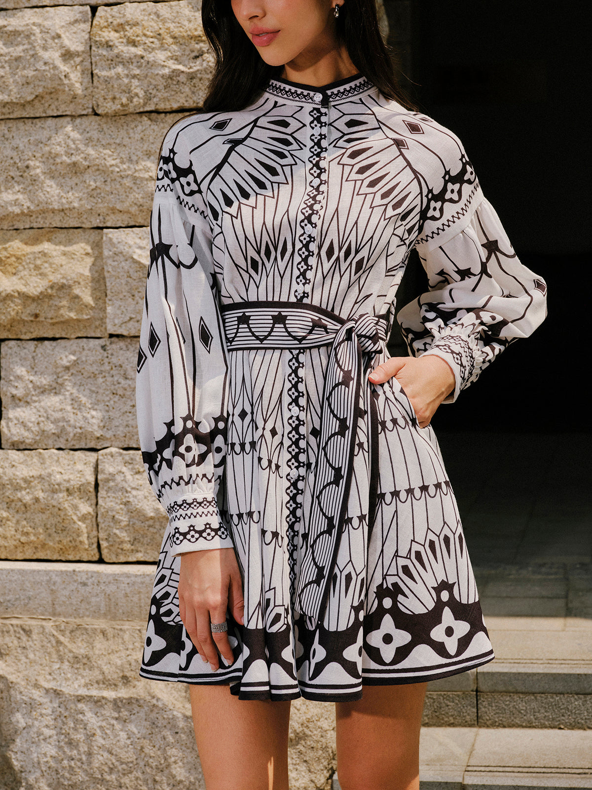 Linen Blend Long Sleeve Belted Dress-Chicvia