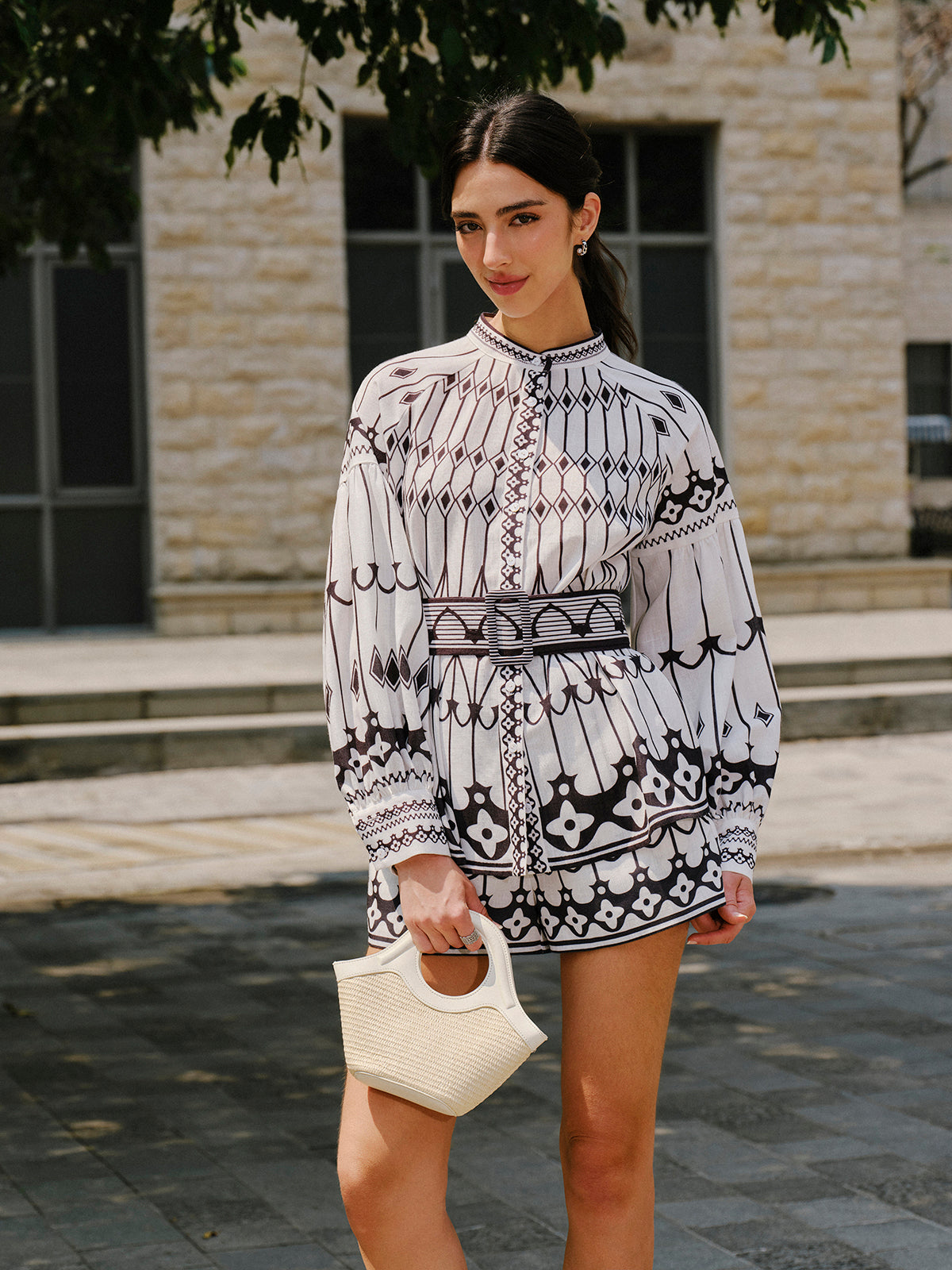 Linen Blend Long Sleeve Belted Shorts Set-Chicvia