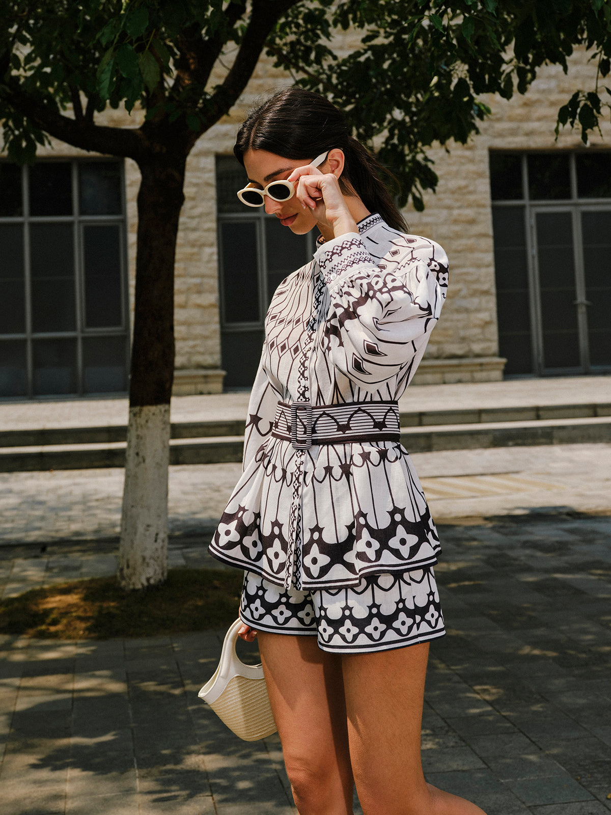 Linen Blend Long Sleeve Belted Shorts Set-Chicvia