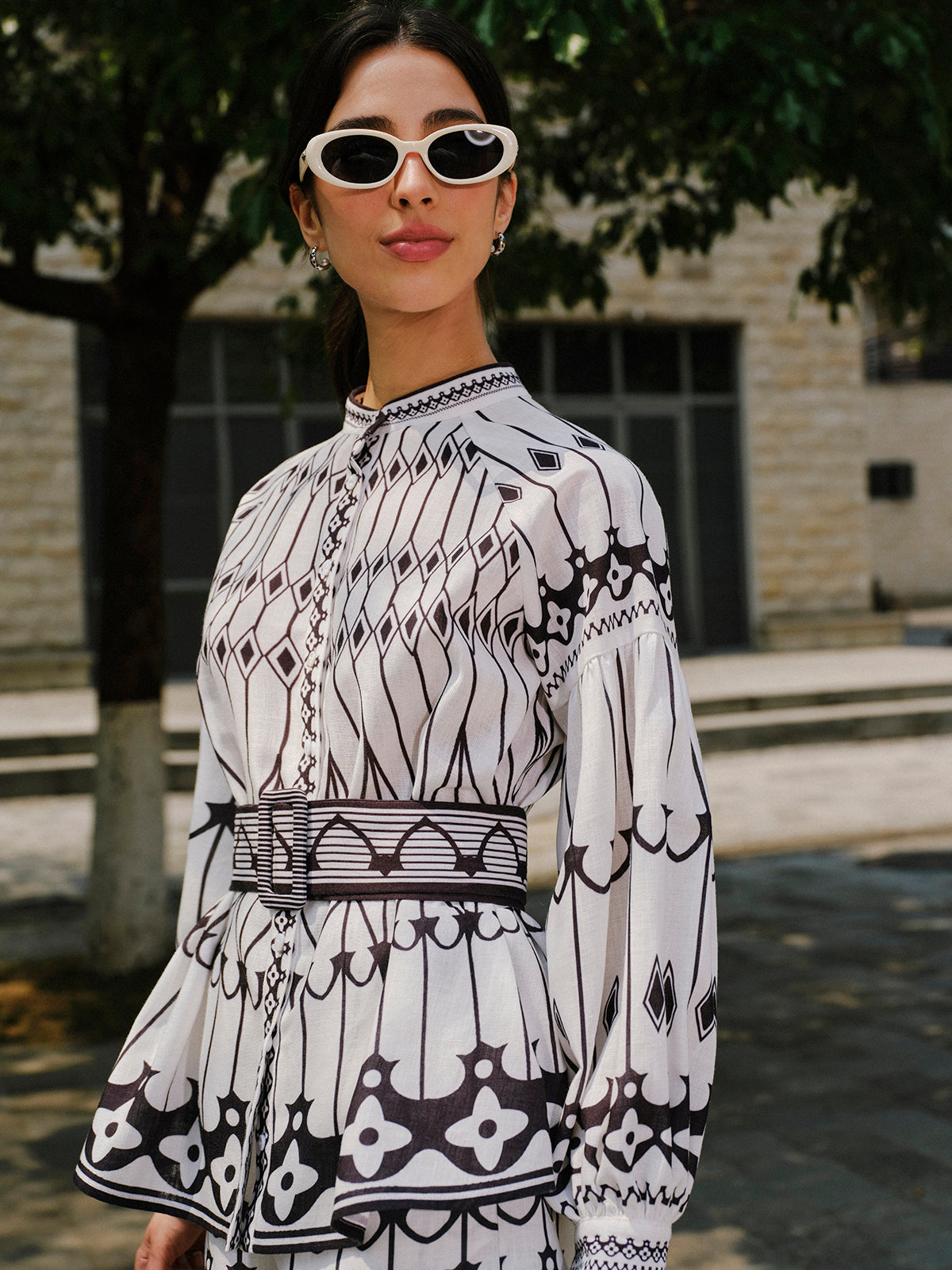 Linen Blend Long Sleeve Belted Shorts Set-Chicvia