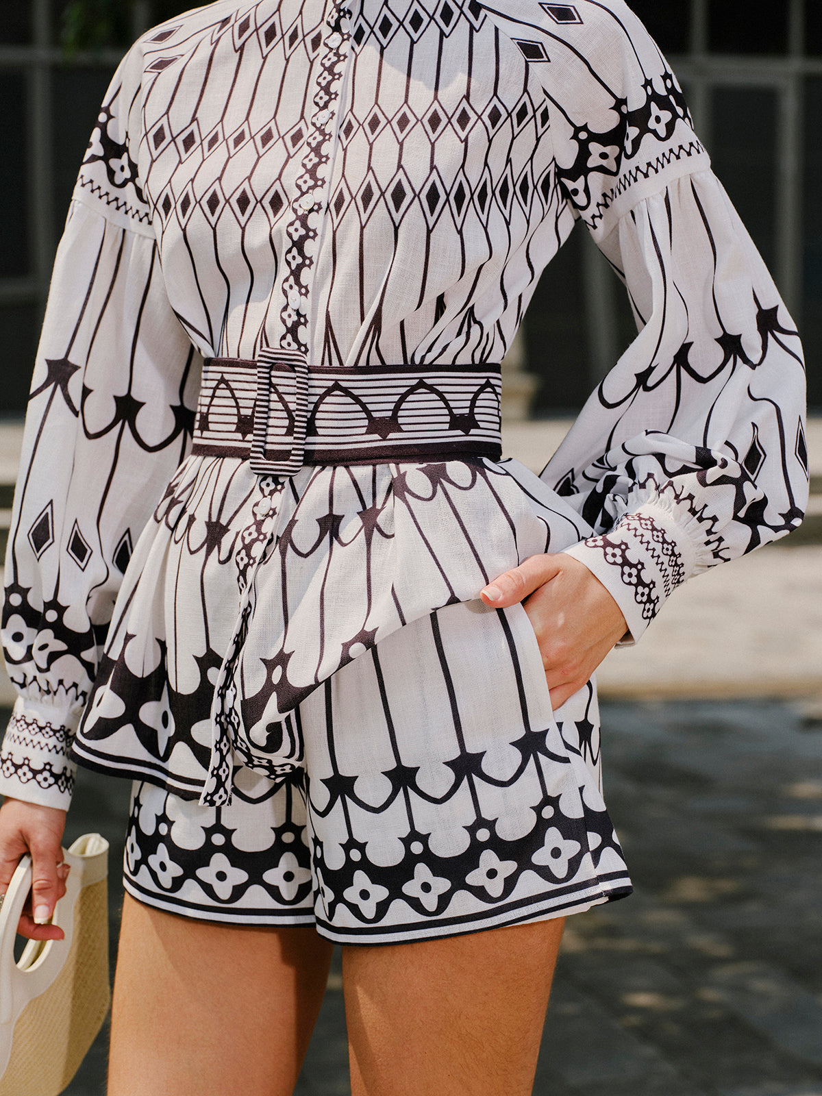 Linen Blend Long Sleeve Belted Shorts Set-Chicvia