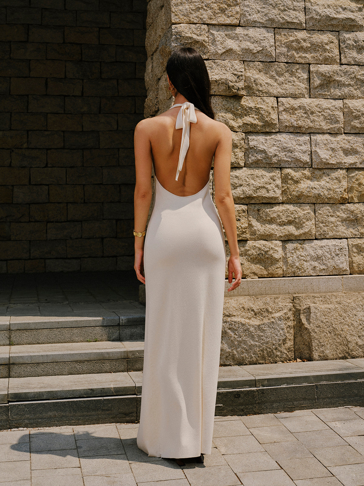 Embroidered Split Knit Halter Dress-Chicvia