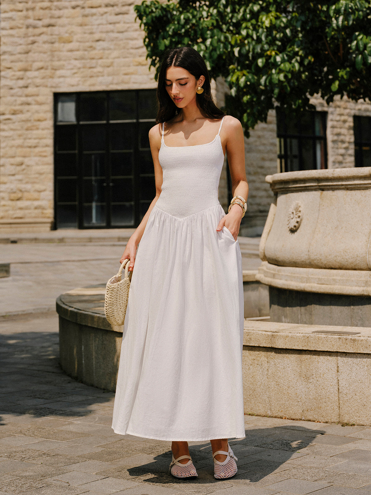 Cotton Pocket Detail Cami Dress-Chicvia