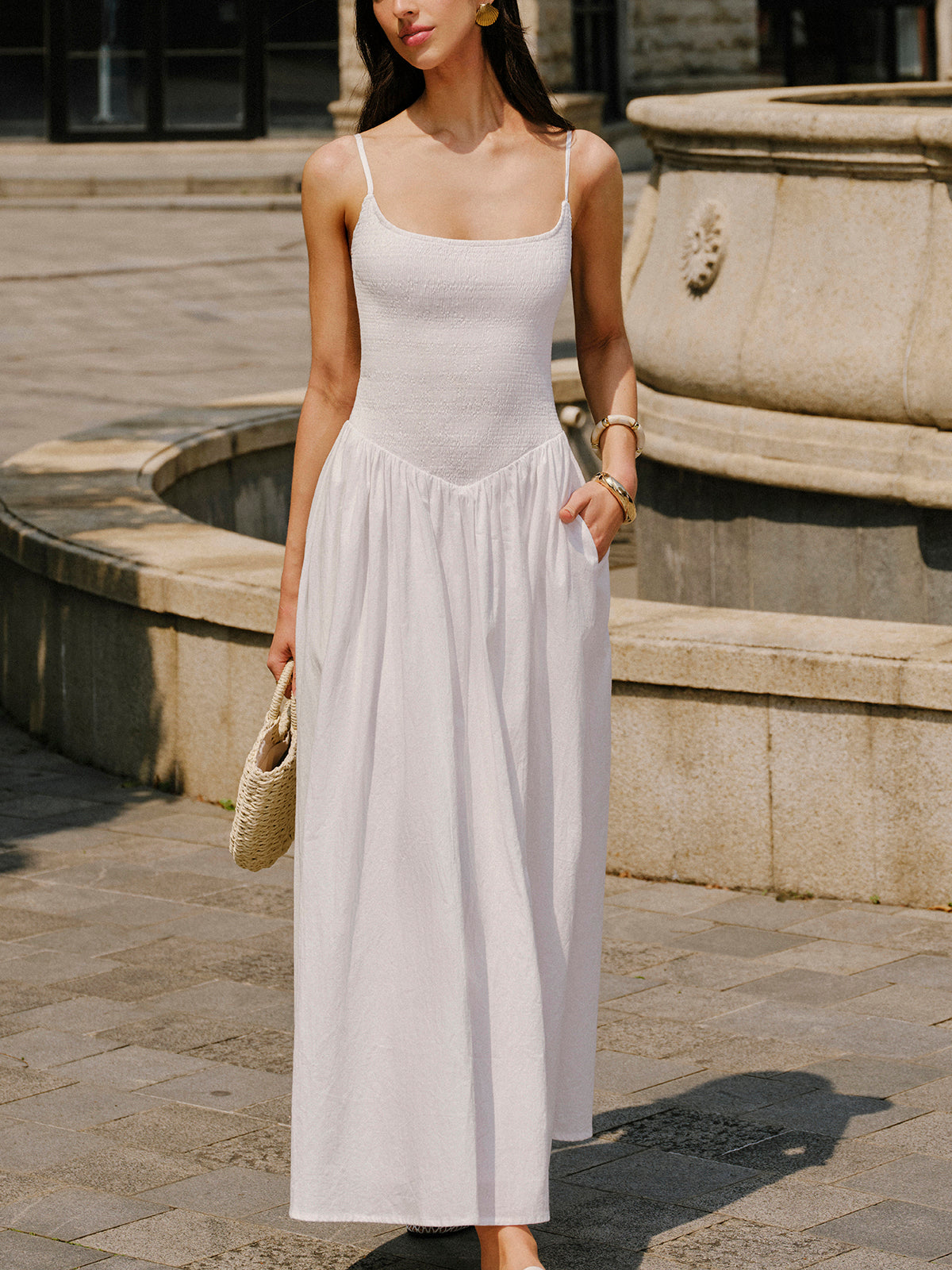 Cotton Pocket Detail Cami Dress-Chicvia