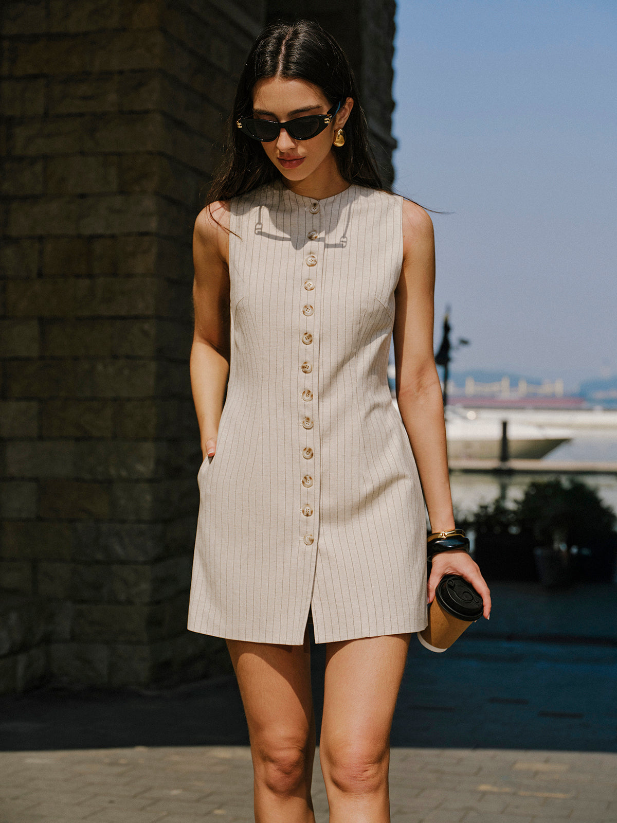 Linen Blend Button-Front Dress With Pockets-Chicvia