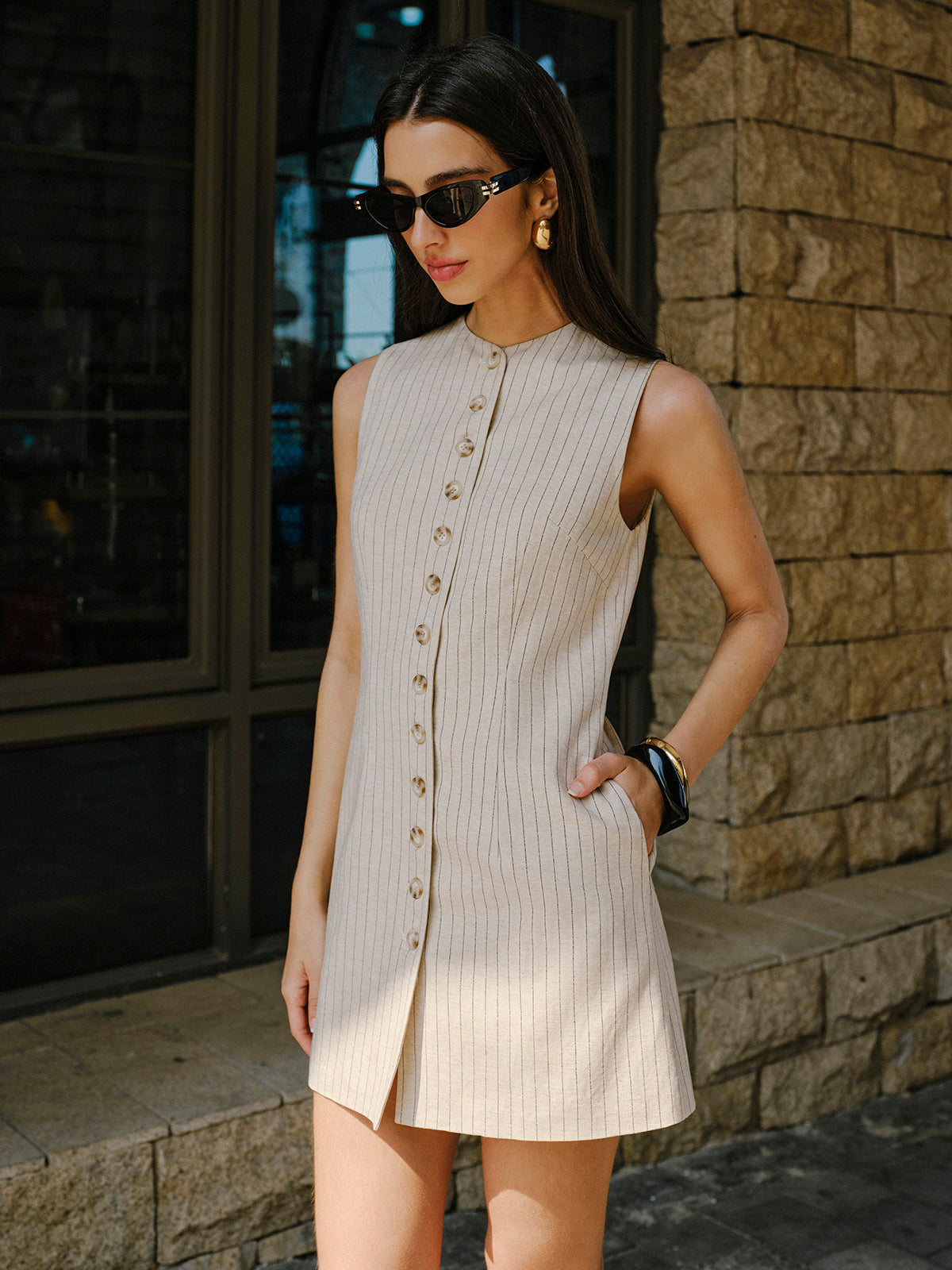 Linen Blend Button-Front Dress With Pockets-Chicvia