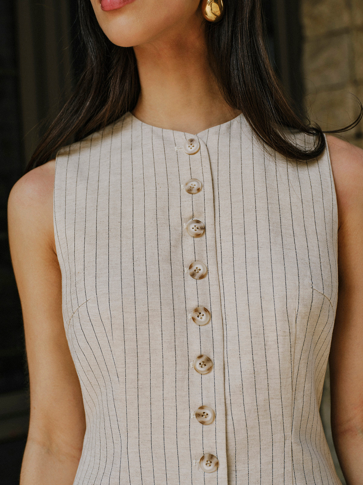 Linen Blend Button-Front Dress With Pockets-Chicvia