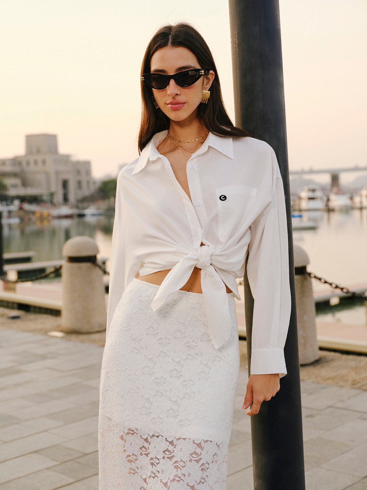 Cotton Blend Tied Front Shirt-Chicvia