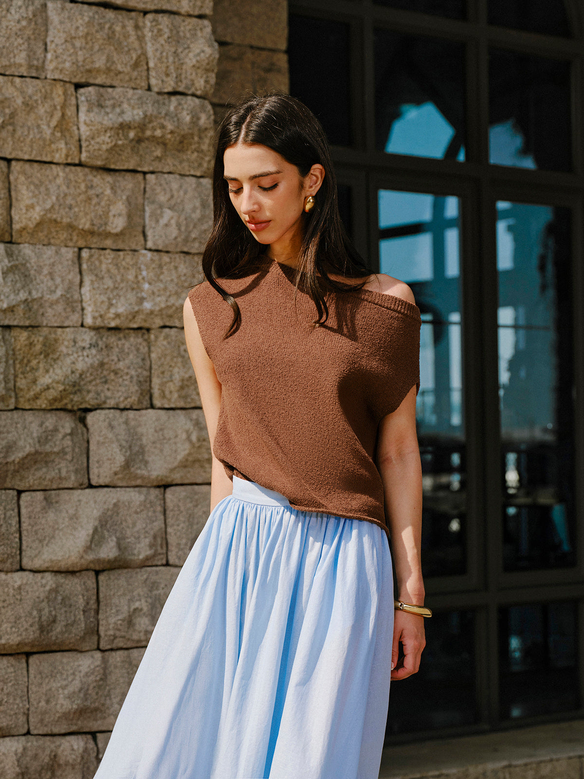 Cotton Off-Shoulder Knit Top-Chicvia