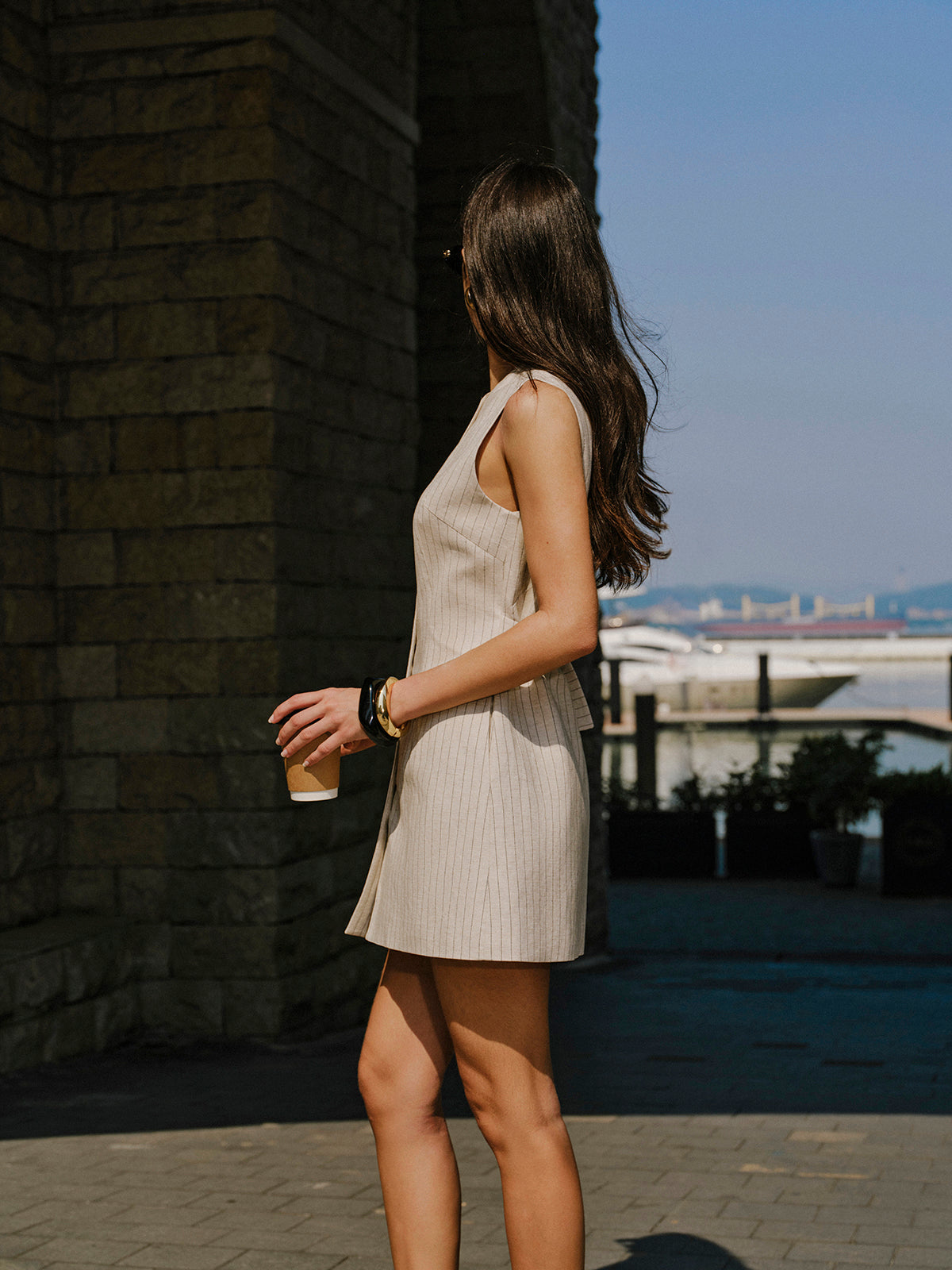 Linen Blend Button-Front Dress With Pockets-Chicvia