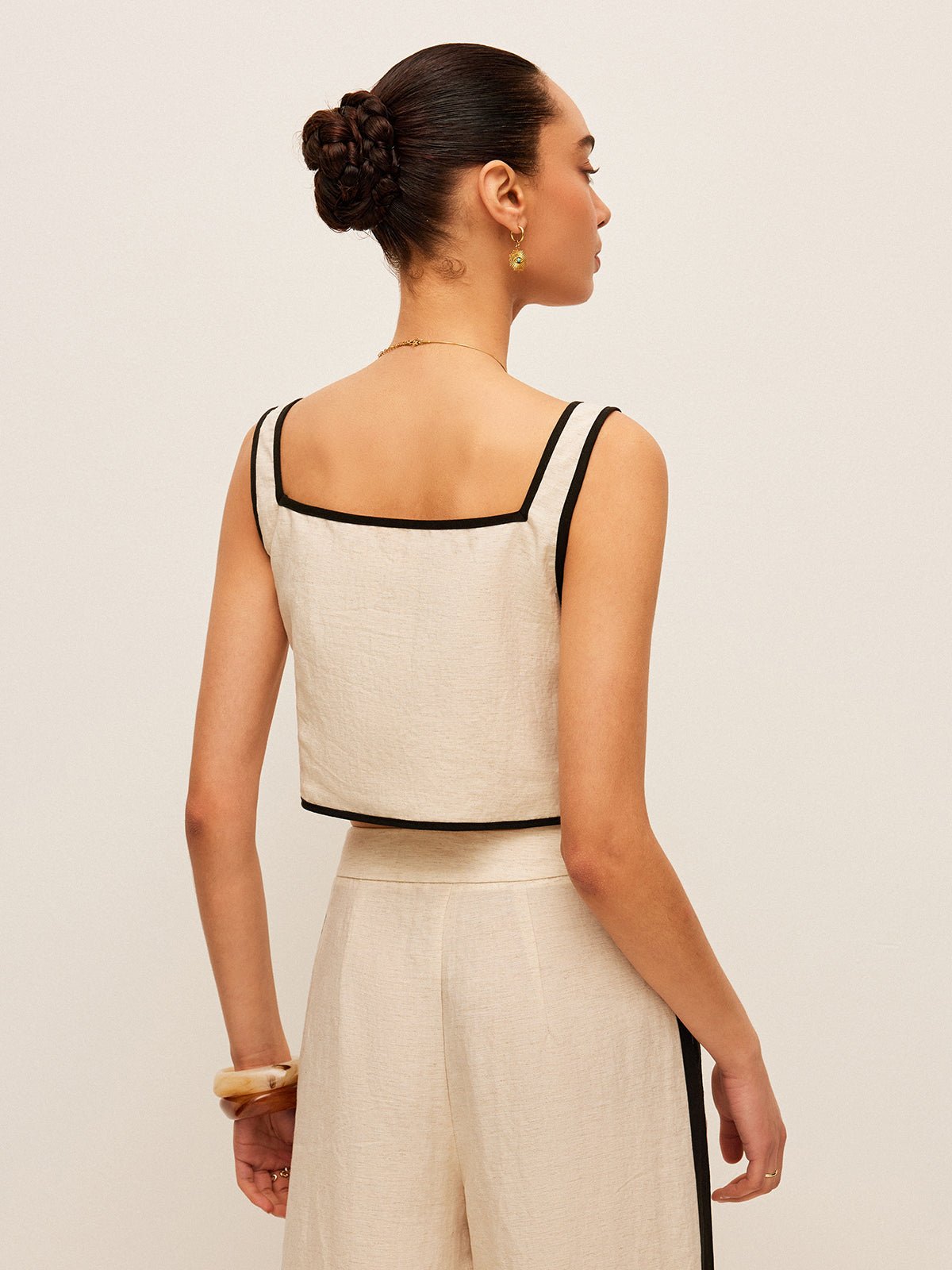 Cotton & Linen Contrast Trim Square-Neck Tank Top-Chicvia