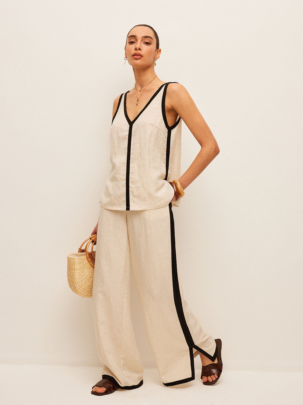 Cotton & Linen Contrast Trim V-Neck Pants Set-Chicvia