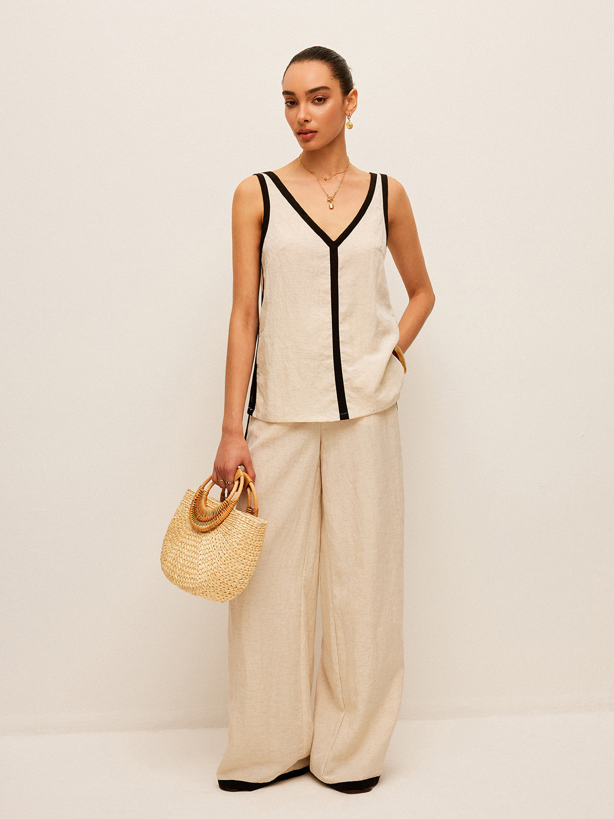 Cotton & Linen Contrast Trim V-Neck Pants Set-Chicvia