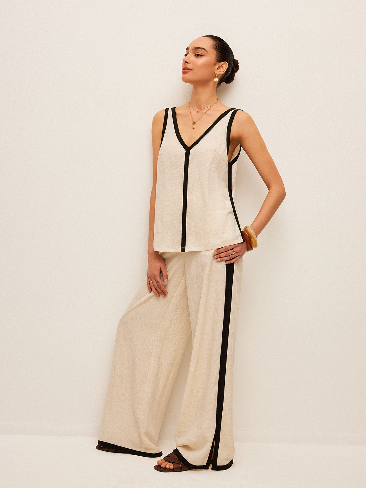 Cotton & Linen Contrast Trim V-Neck Pants Set-Chicvia