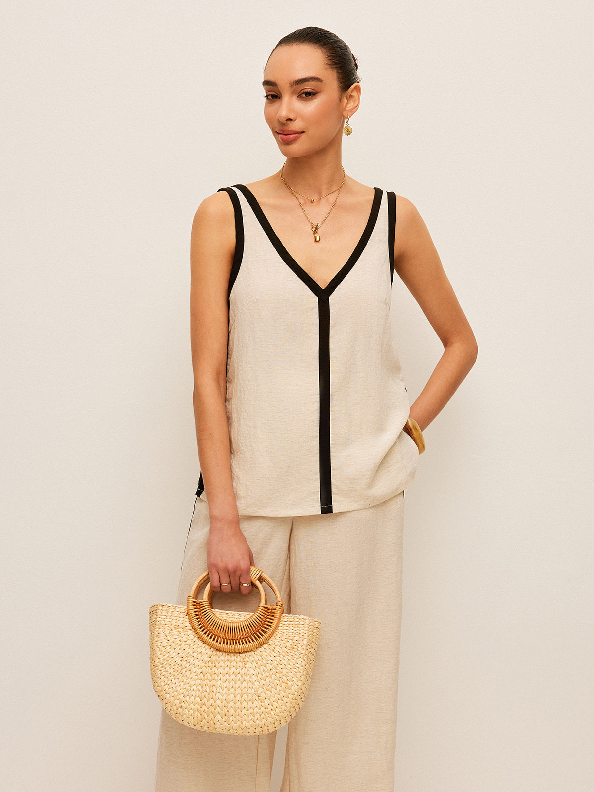 Cotton & Linen Contrast Trim V-Neck Pants Set-Chicvia