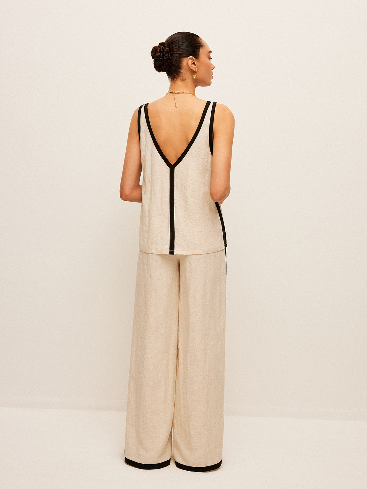 Cotton & Linen Contrast Trim V-Neck Pants Set-Chicvia