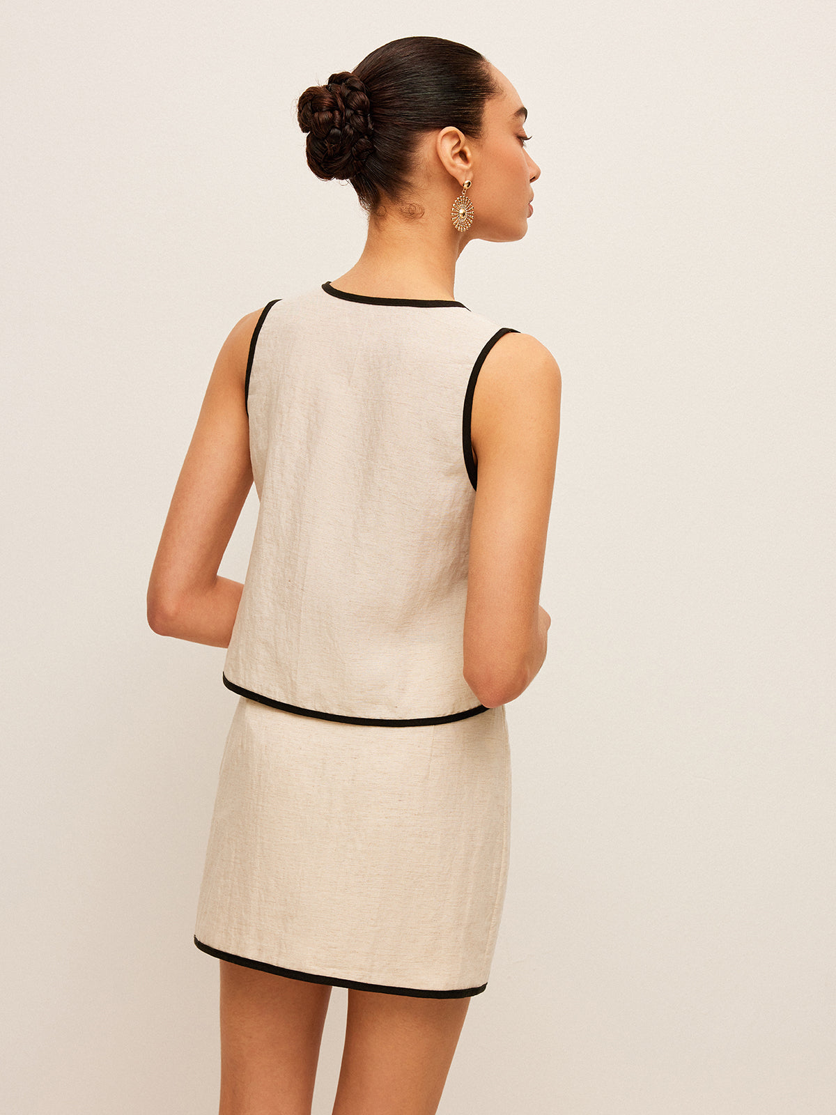 Cotton & Linen Contrast Trim V-Neck Skirt Set-Chicvia