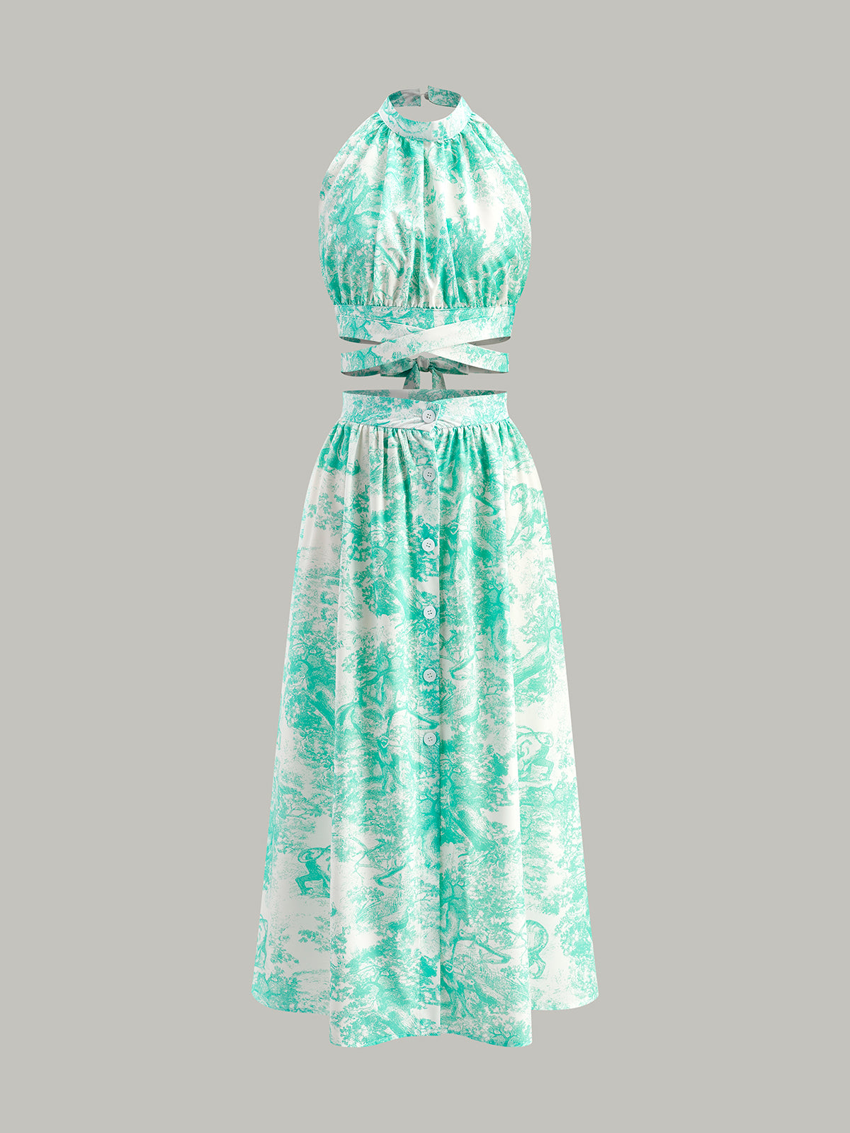 Halter Neck Backless Button-Front Skirt Set-Chicvia