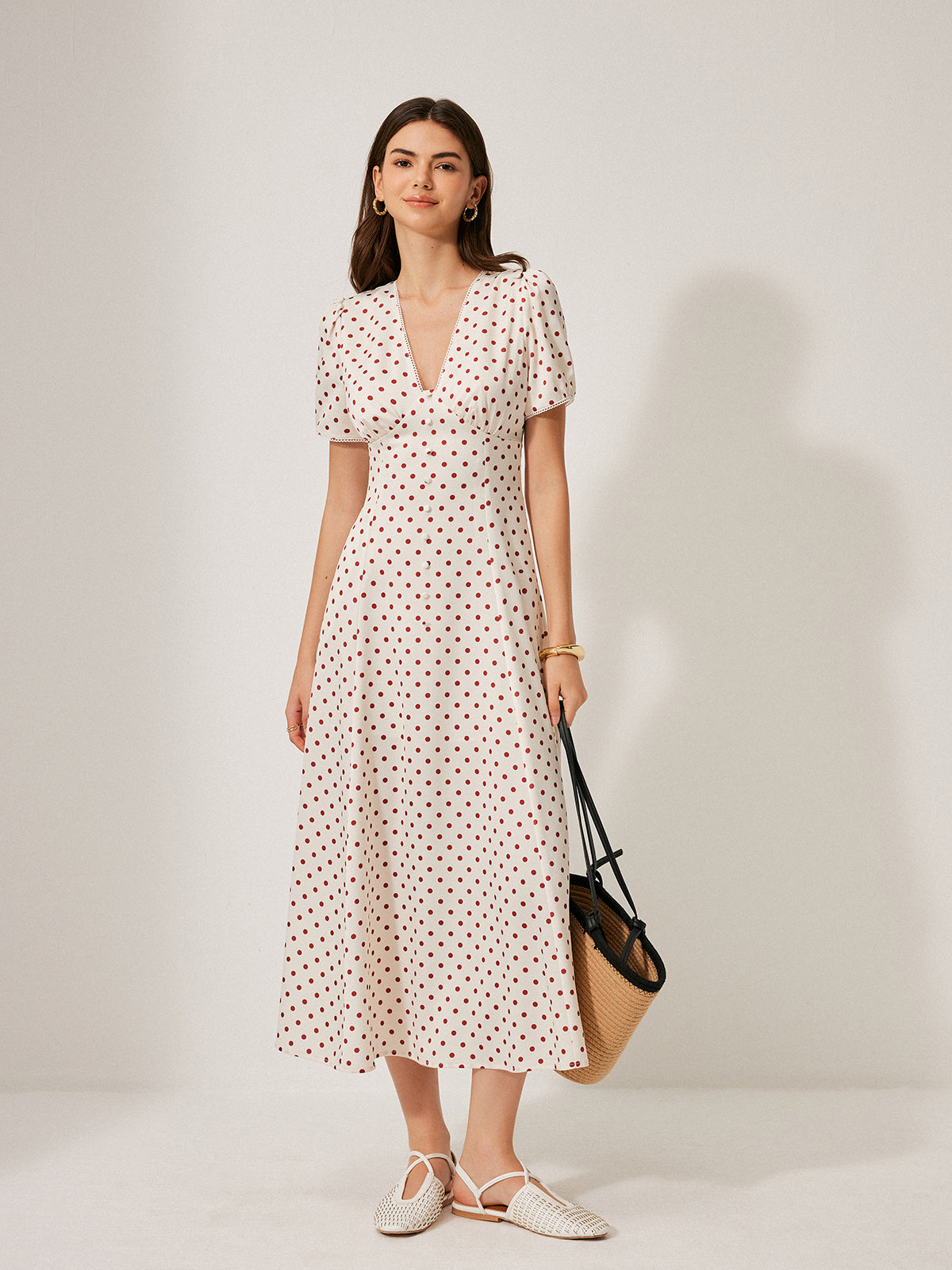 Polka Dot Puff Sleeve Dress-Chicvia