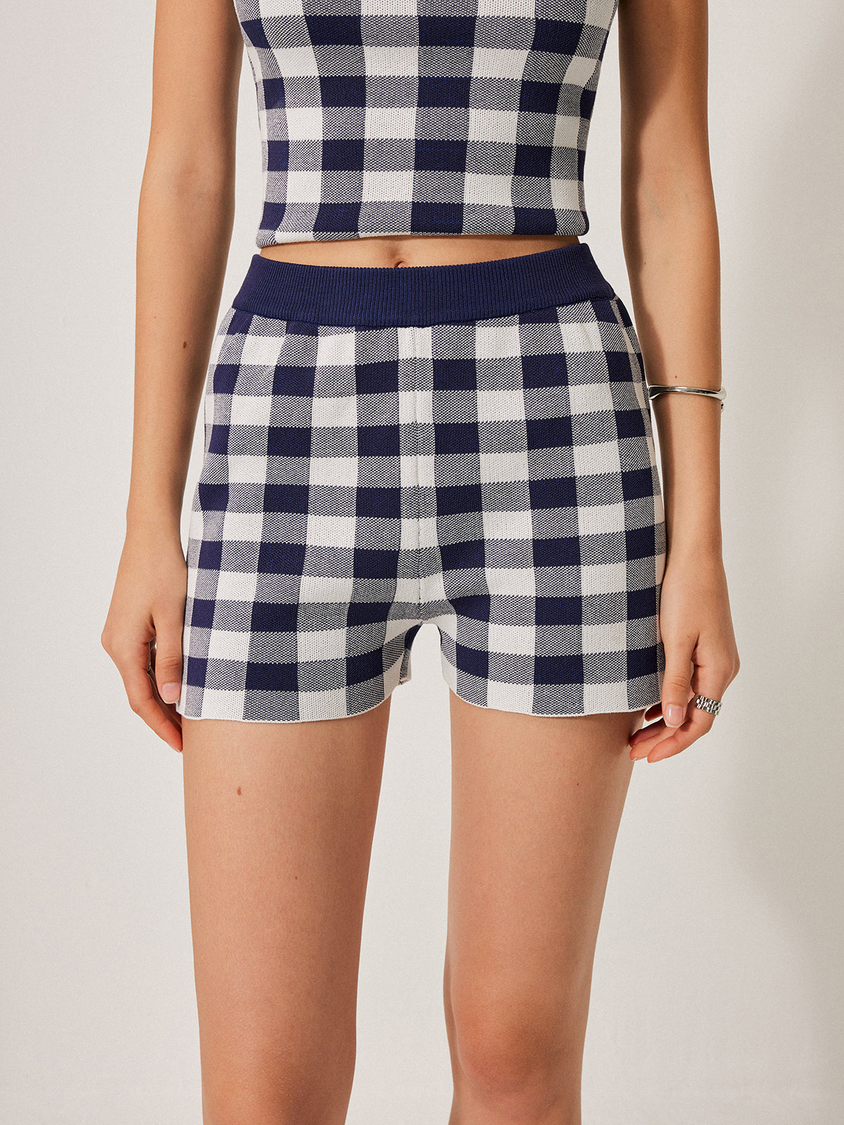 Checkerboard Knit Shorts Set-Chicvia