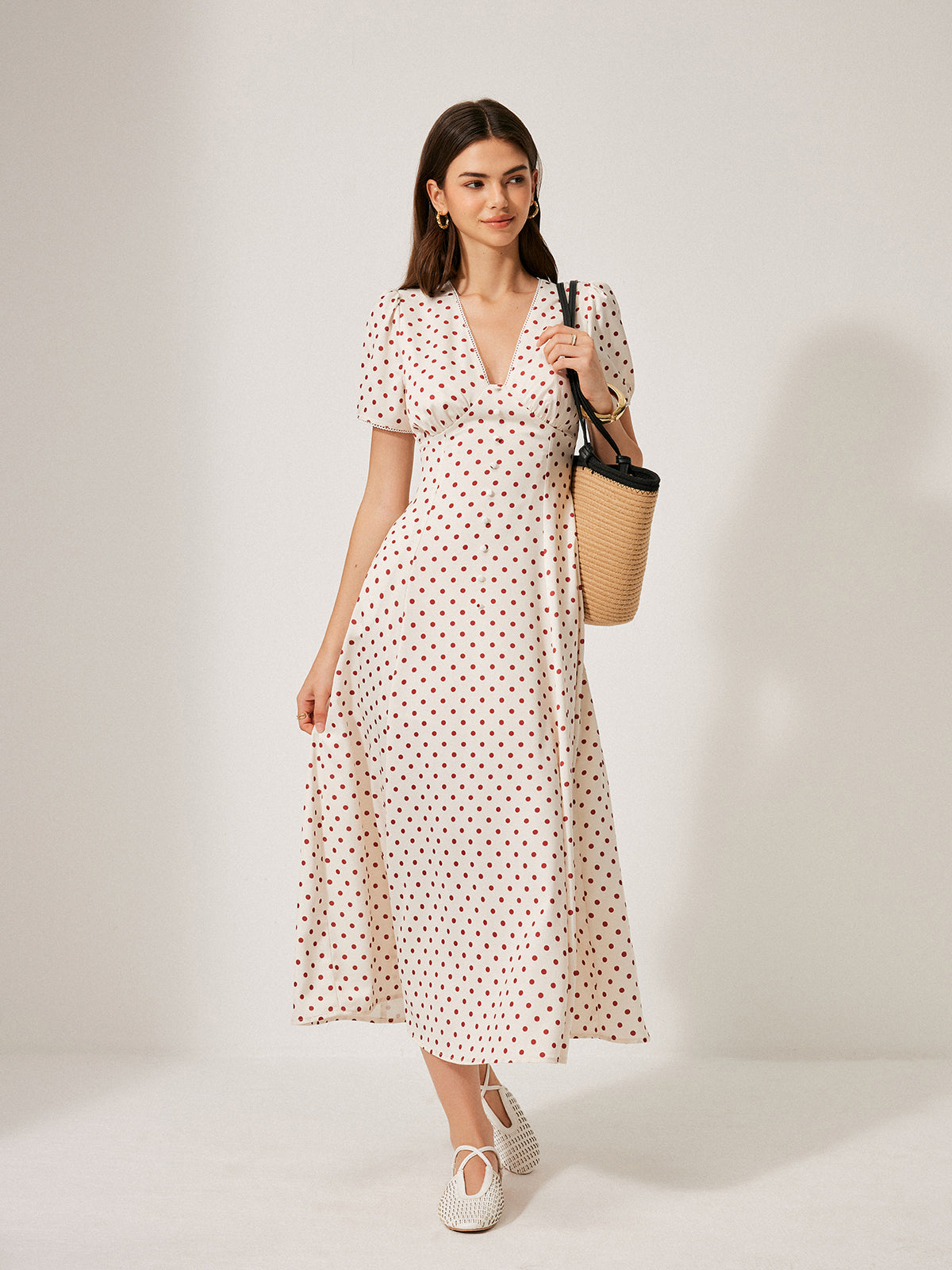 Polka Dot Puff Sleeve Dress-Chicvia