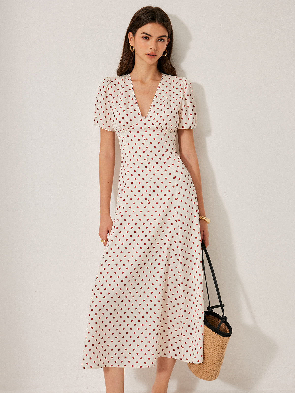 Polka Dot Puff Sleeve Dress-Chicvia