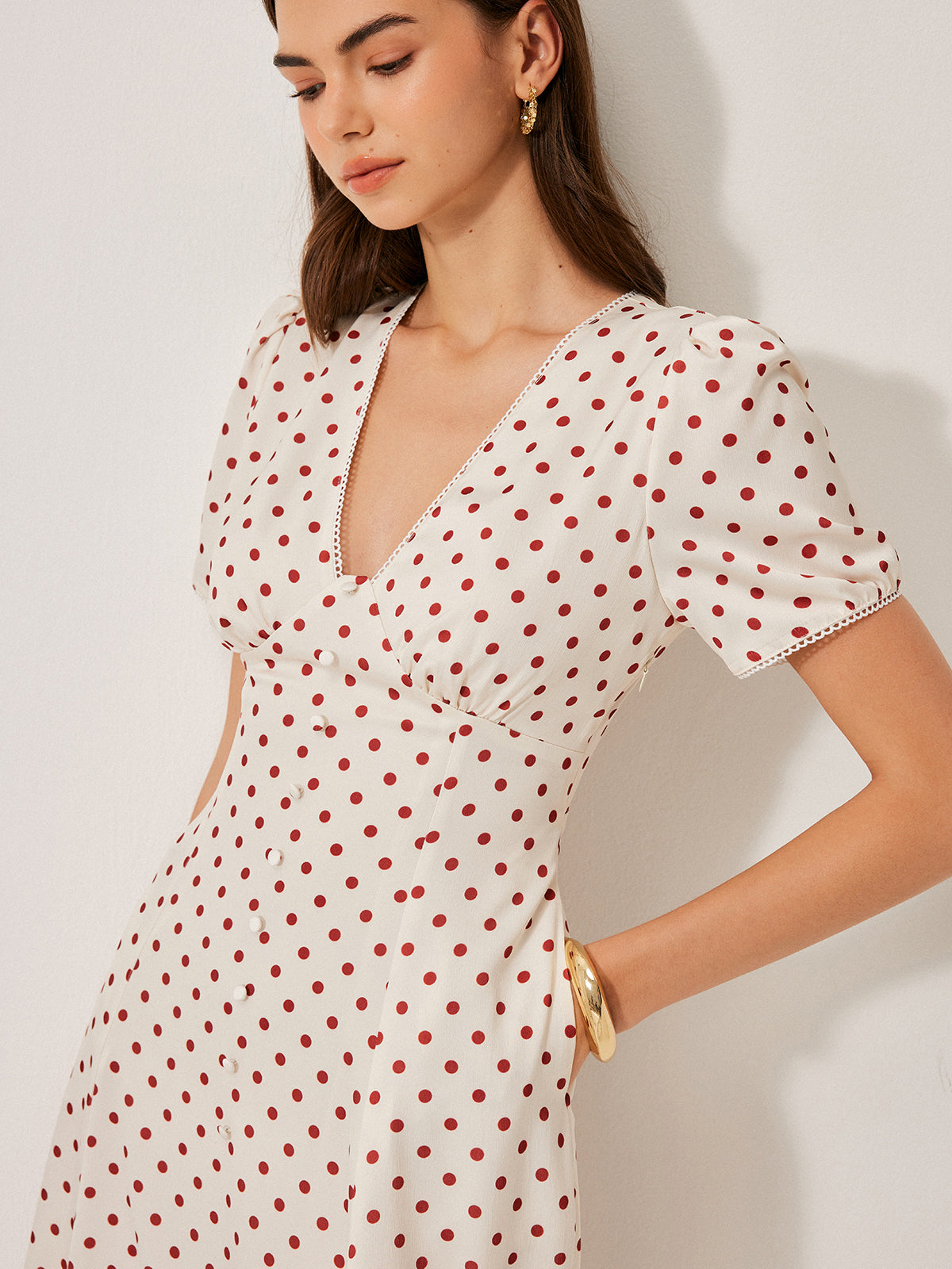 Polka Dot Puff Sleeve Dress-Chicvia