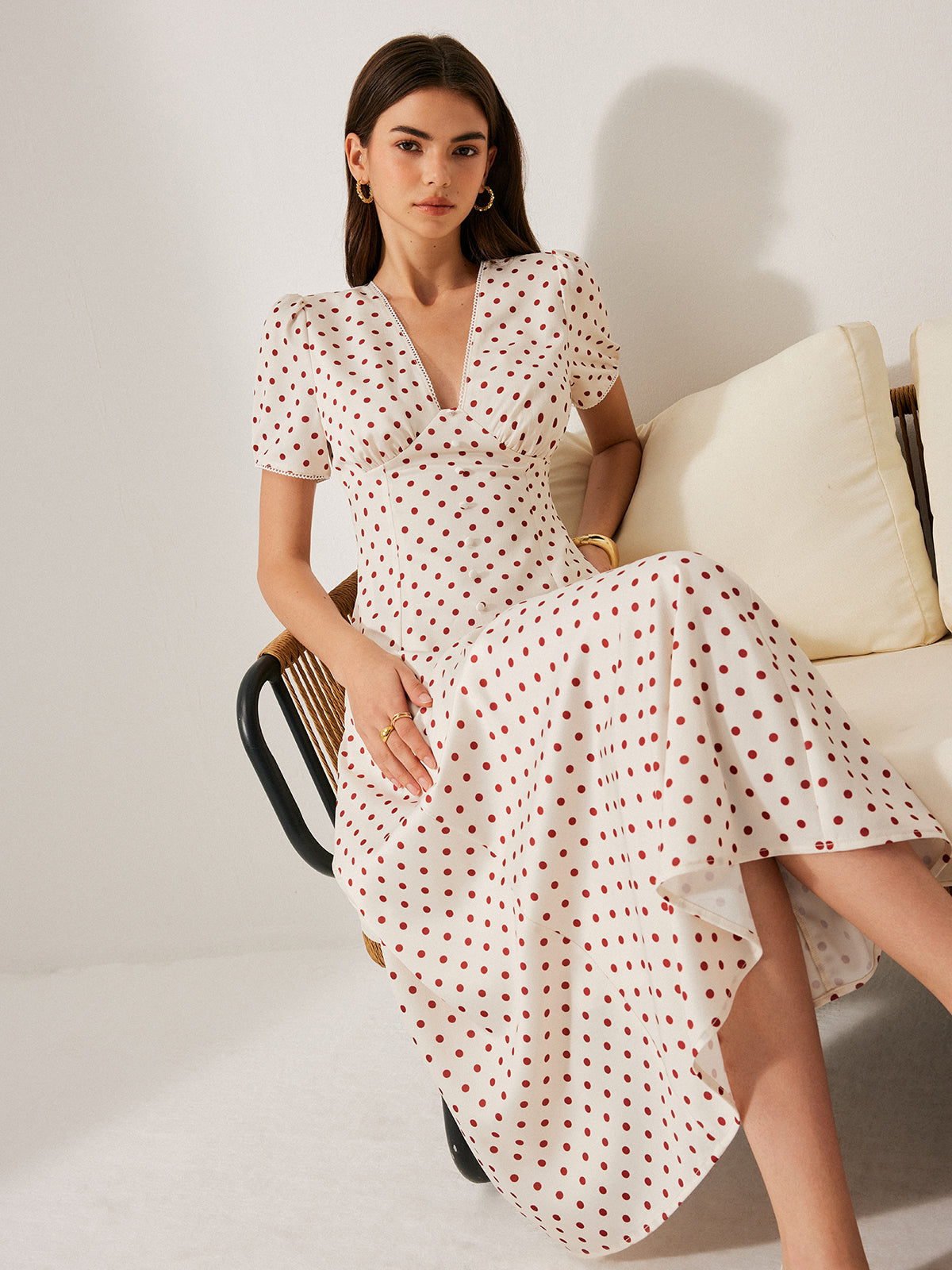 Polka Dot Puff Sleeve Dress-Chicvia