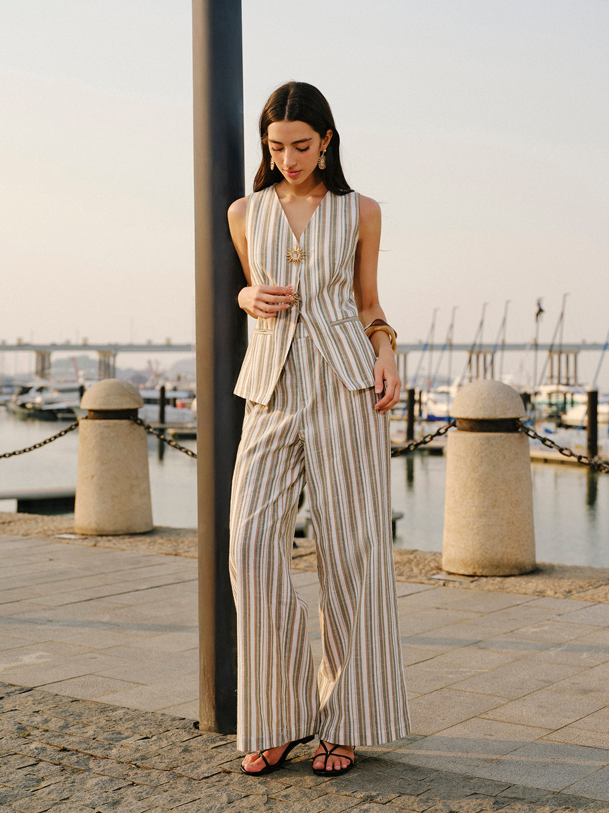 Linen & Cotton Mid-Waist Striped Wide-Leg Pants-Chicvia