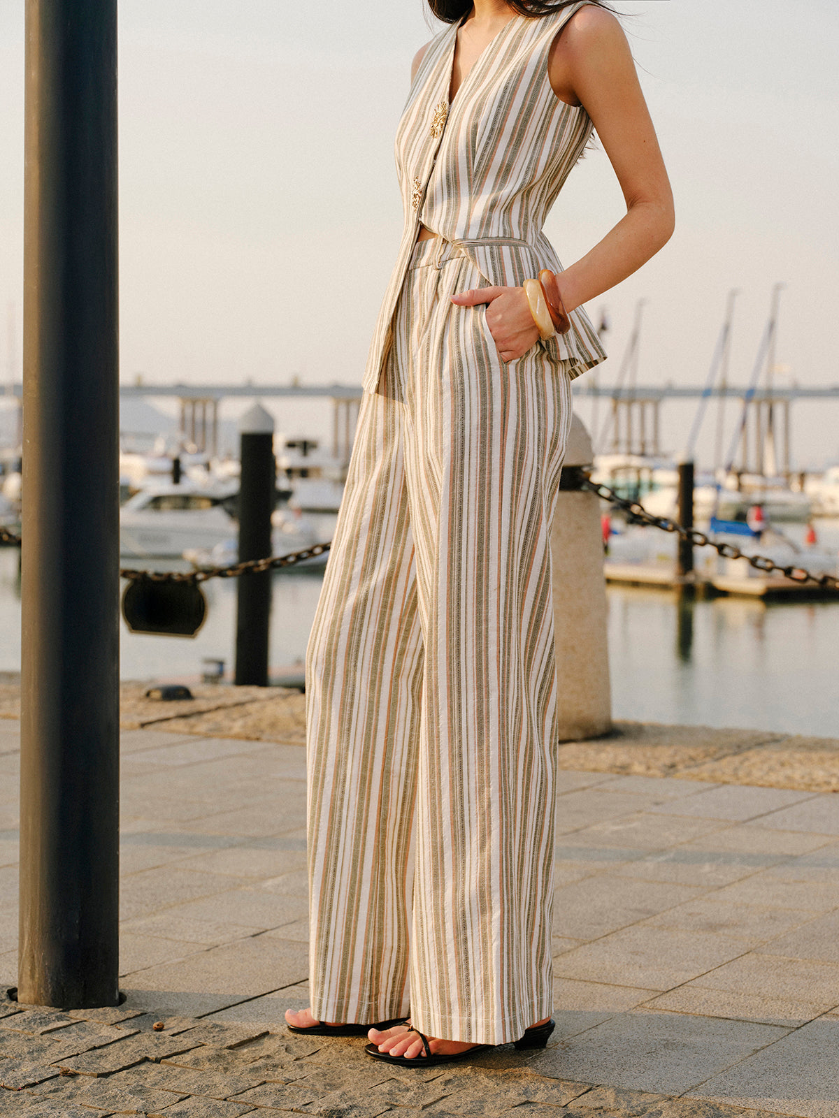 Linen & Cotton Mid-Waist Striped Wide-Leg Pants-Chicvia