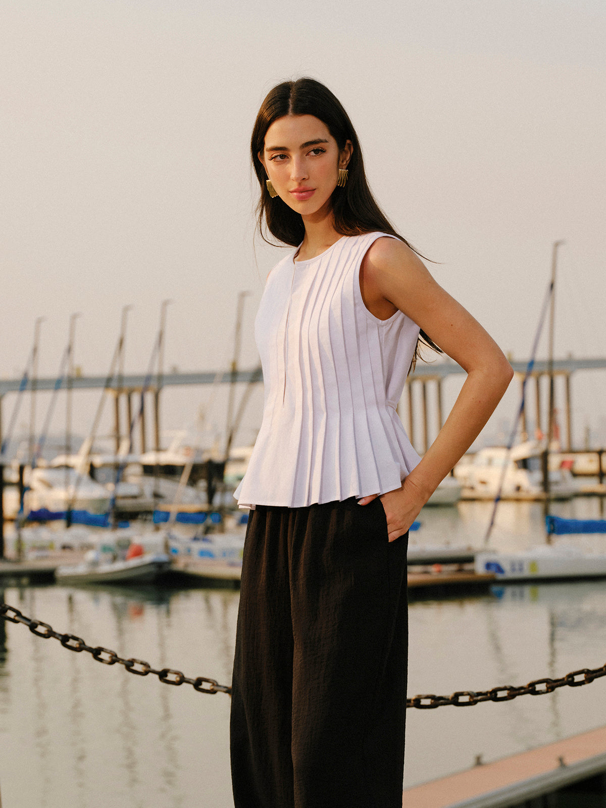 Cotton & Linen Pleated Back Tie Top-Chicvia