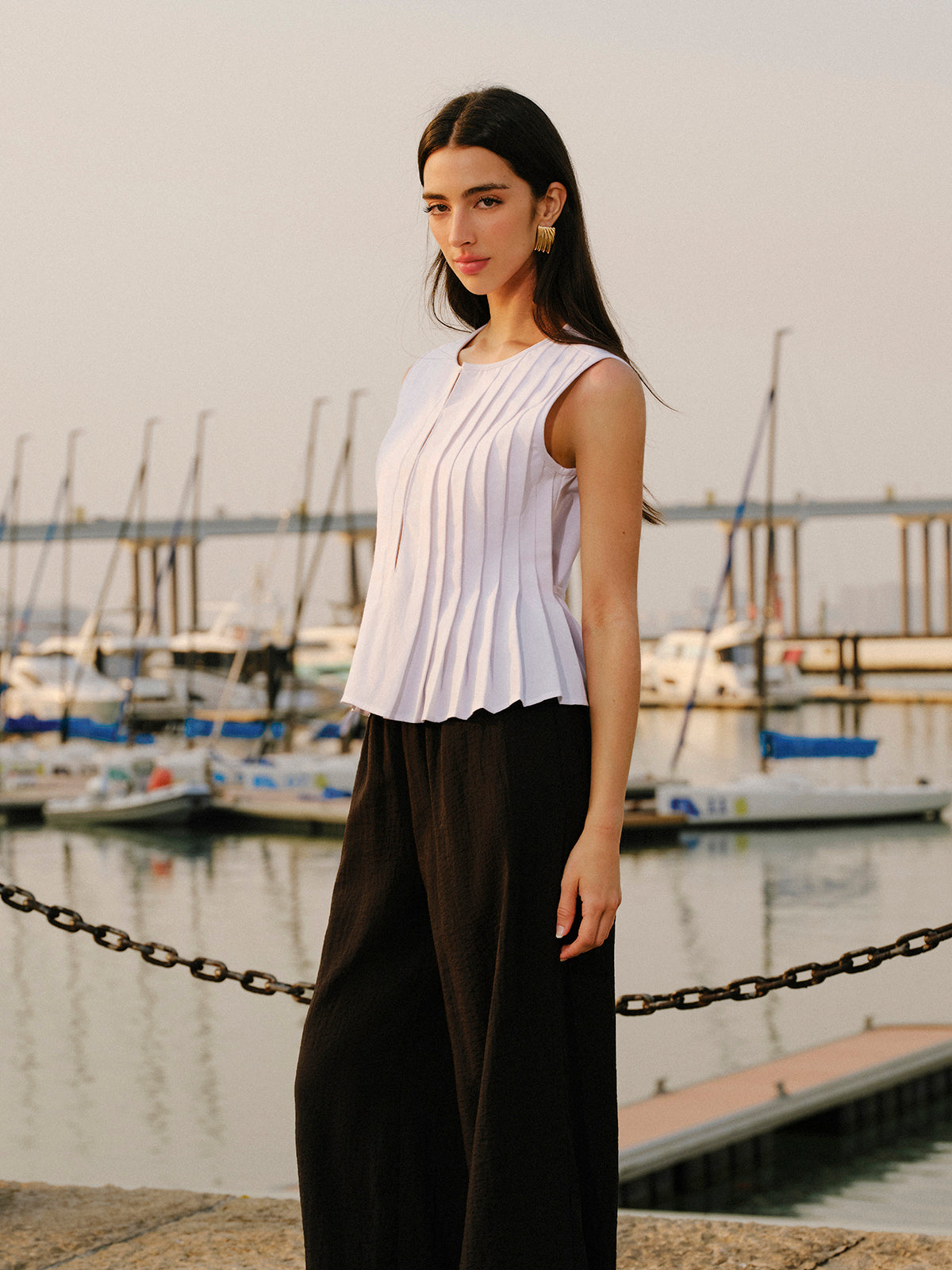 Cotton & Linen Pleated Back Tie Top-Chicvia