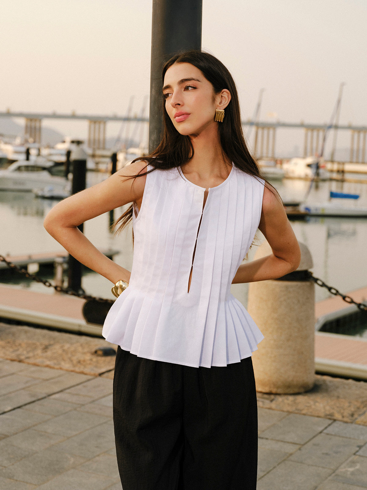 Cotton & Linen Pleated Back Tie Top-Chicvia