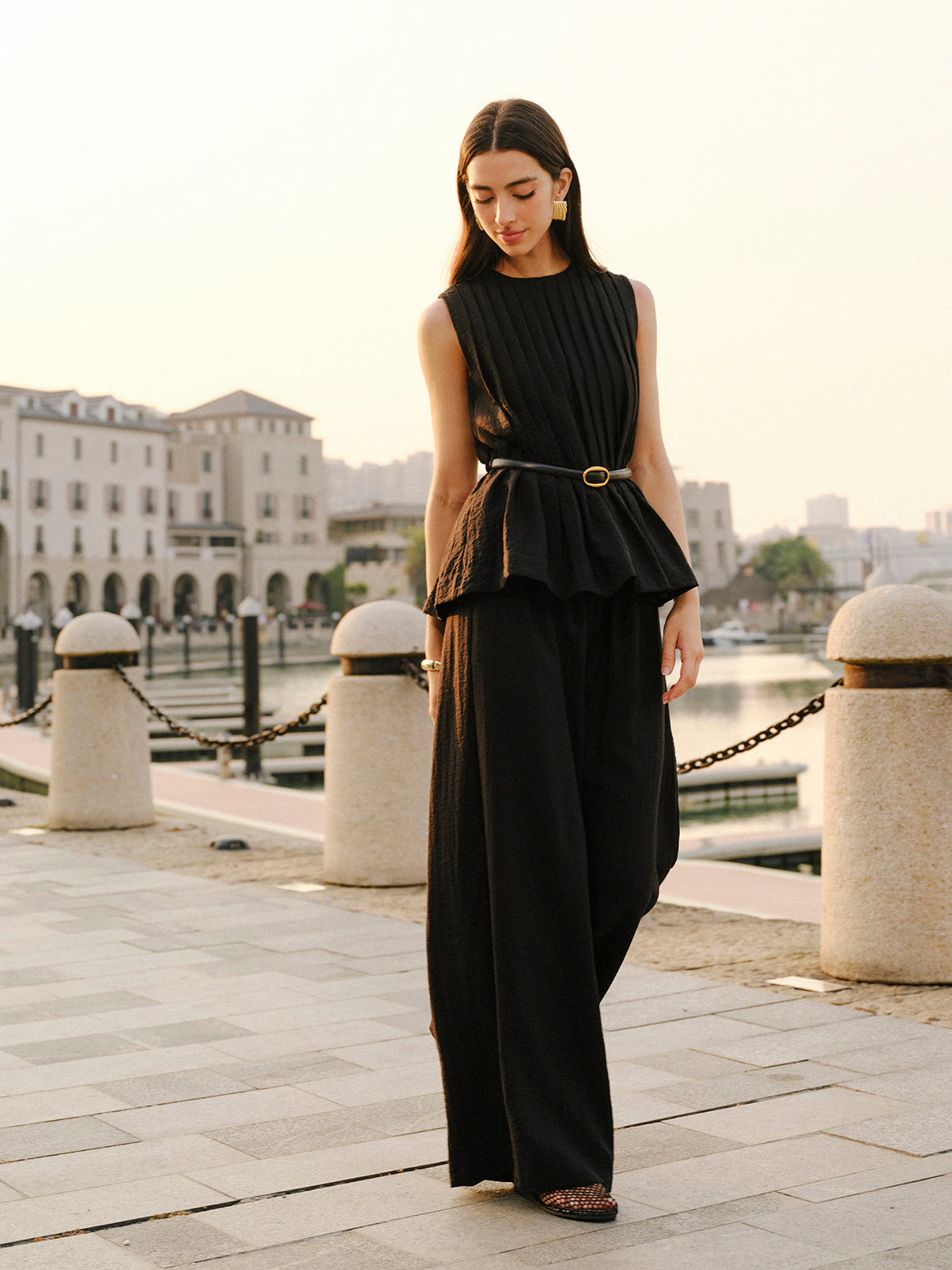 Peplum Top Wide-Leg Pants Set With Belt-Chicvia