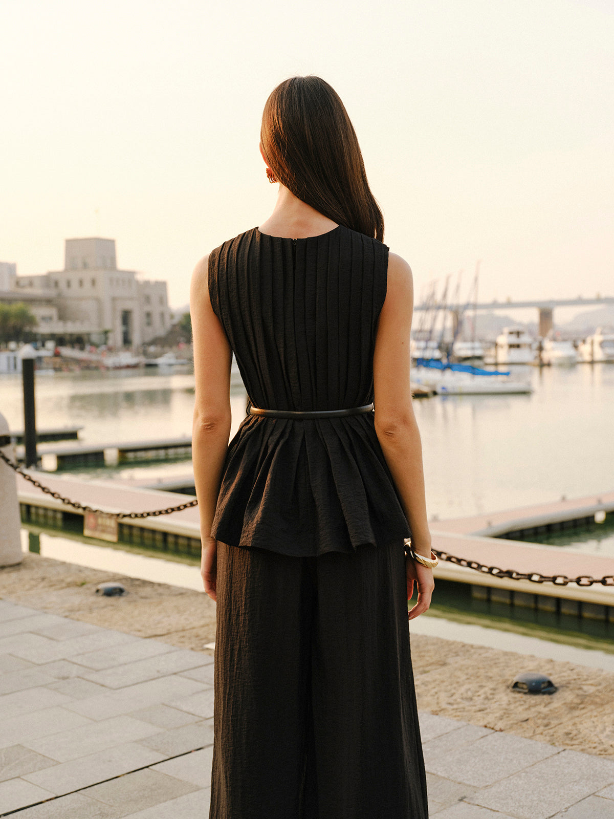 Peplum Top Wide-Leg Pants Set With Belt-Chicvia