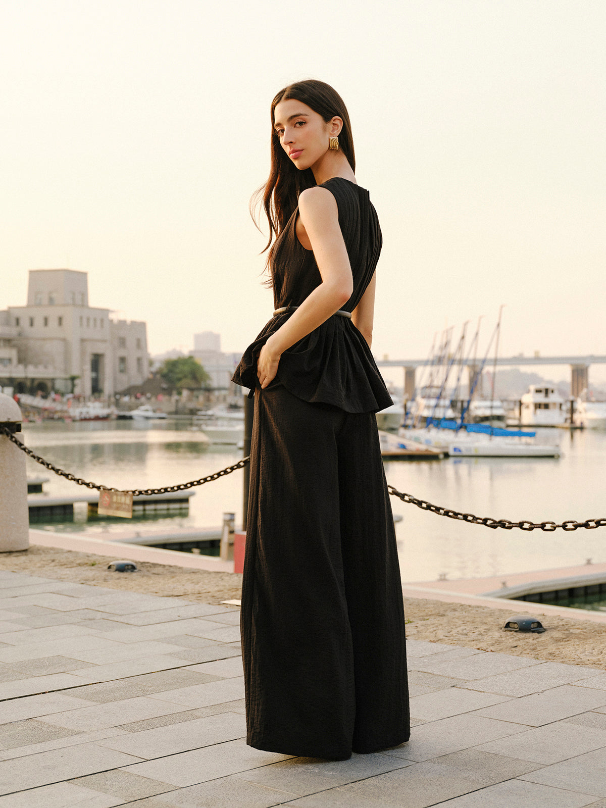 Peplum Top Wide-Leg Pants Set With Belt-Chicvia