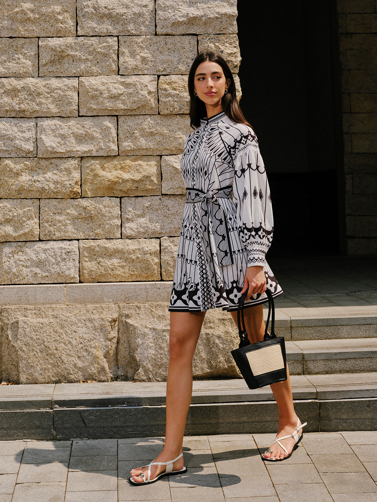 Linen Blend Long Sleeve Belted Dress-Chicvia