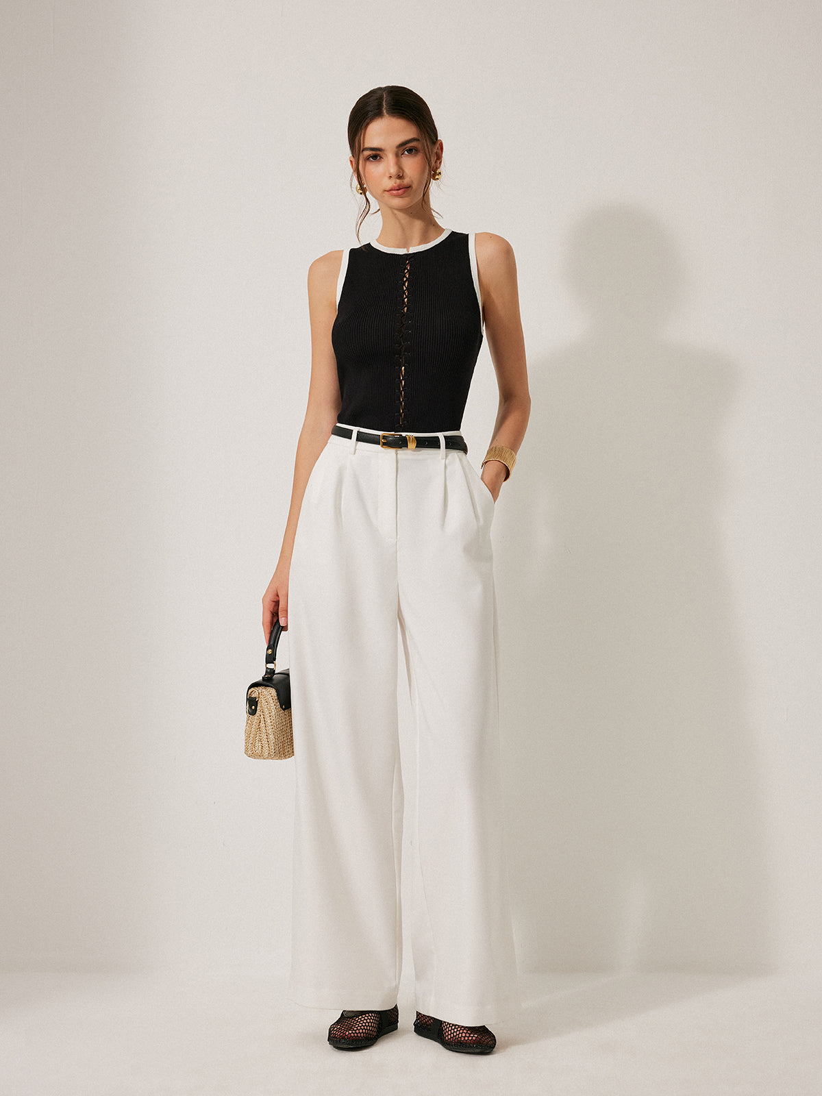 Color Block Knit Lace-Up Vest-Chicvia