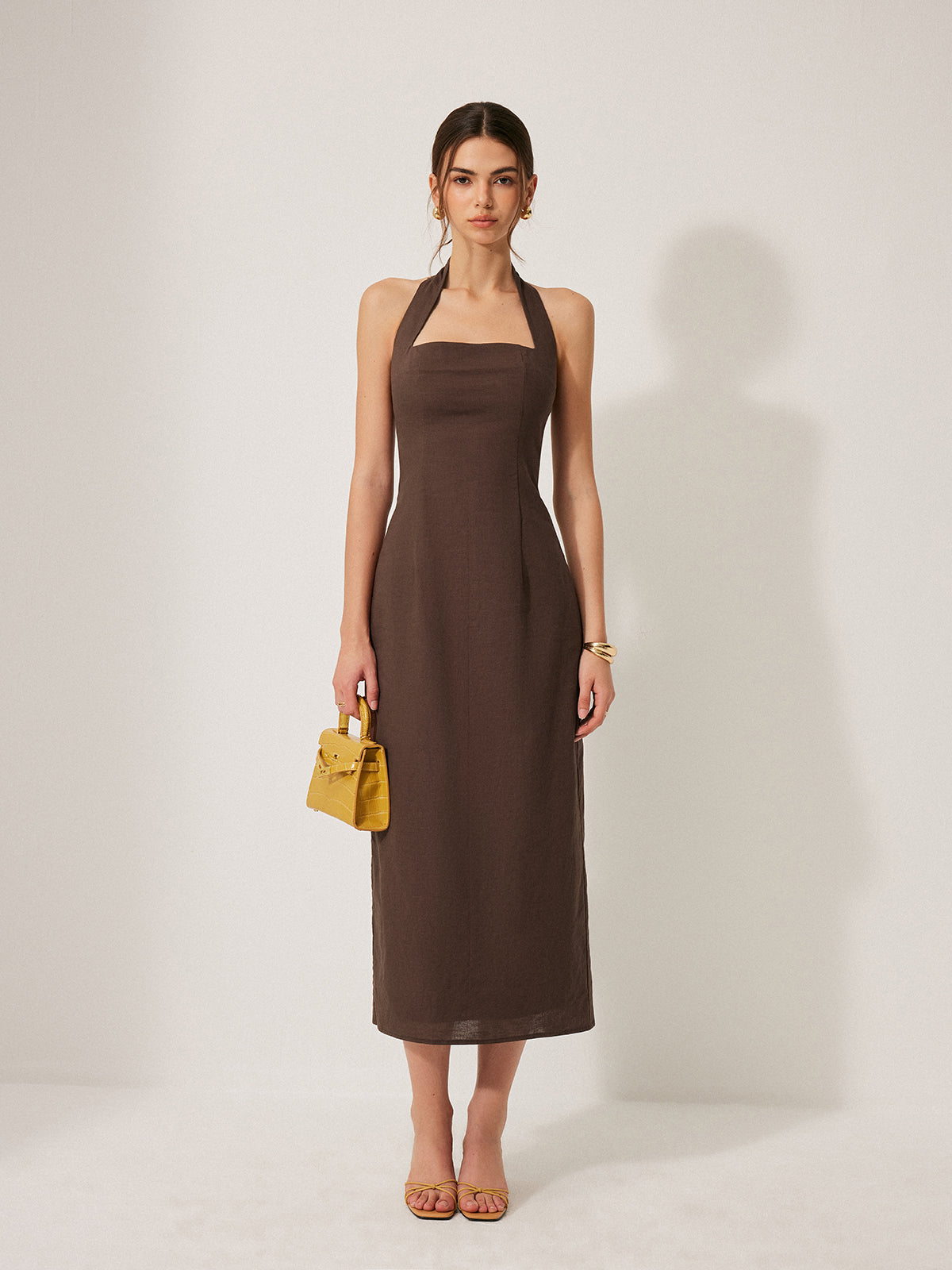 Cotton & Linen Halter Backless Split Dress-Chicvia