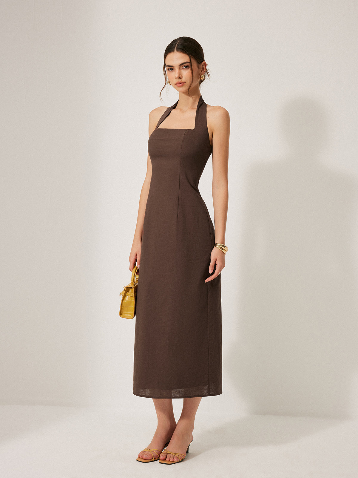 Cotton & Linen Halter Backless Split Dress-Chicvia