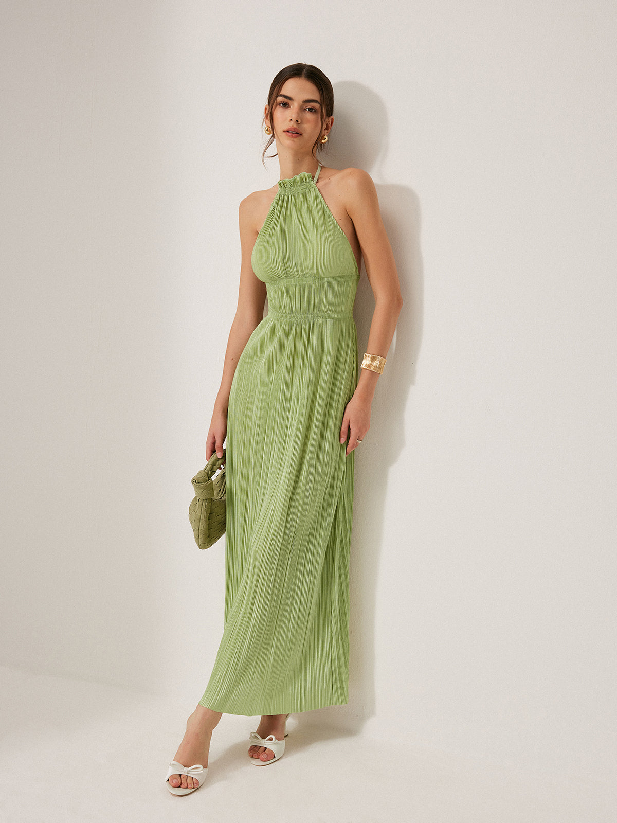 Pleated Halter Backless Dress-Chicvia