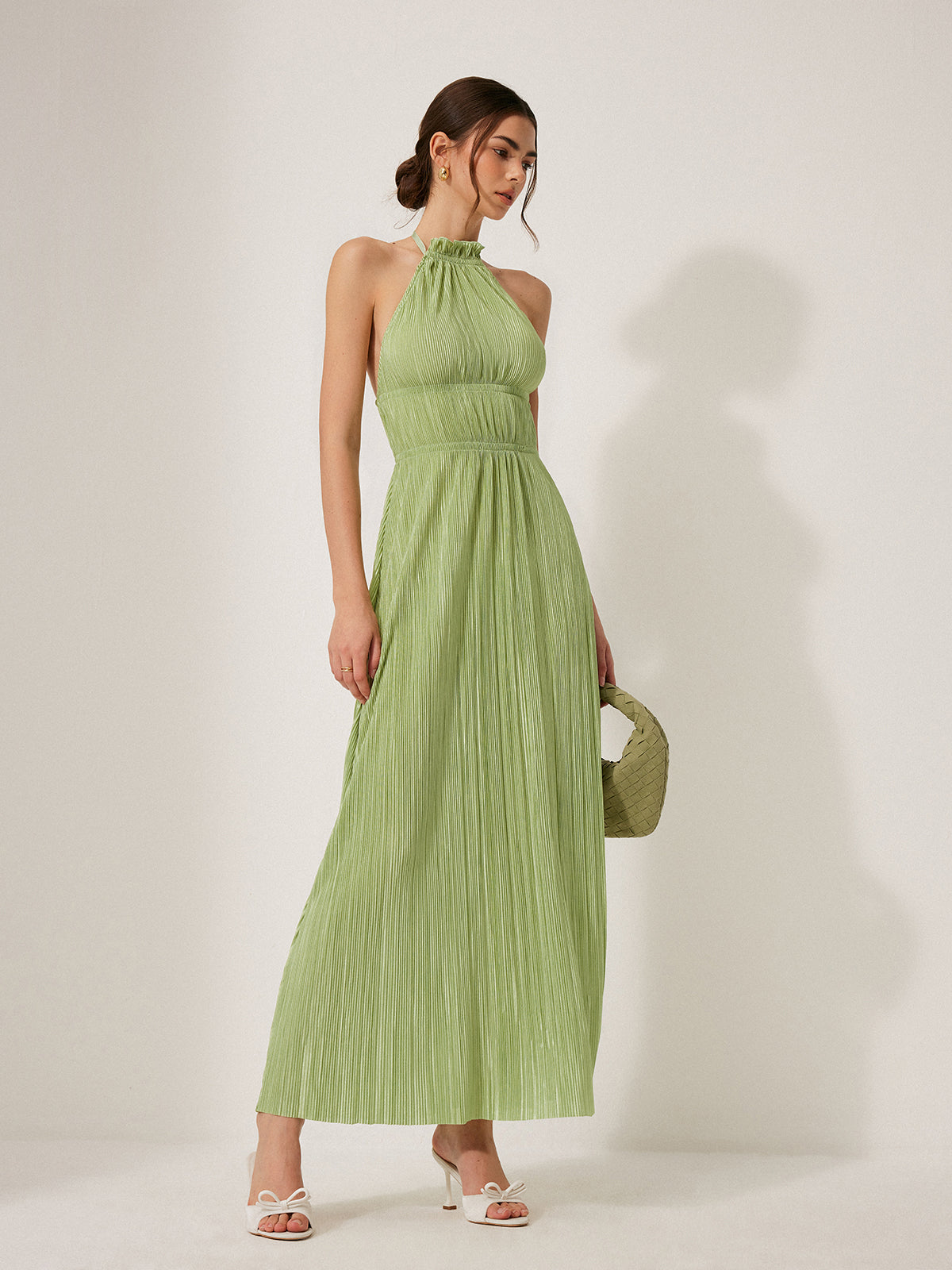 Pleated Halter Backless Dress-Chicvia