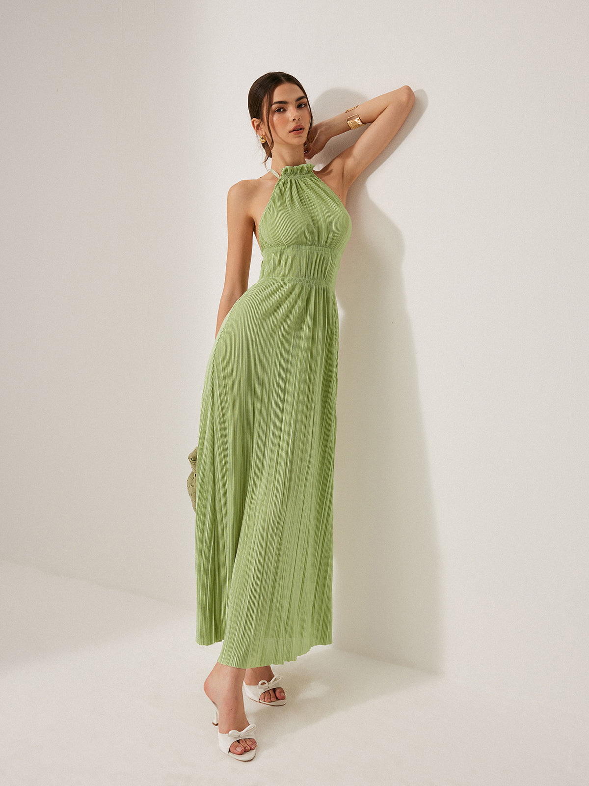 Pleated Halter Backless Dress-Chicvia