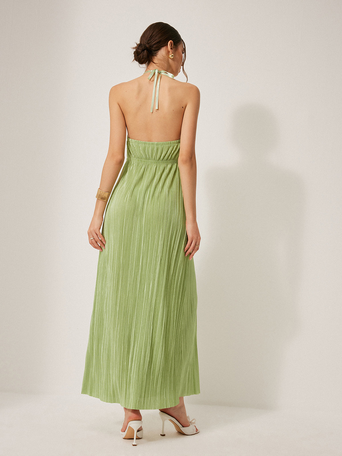 Pleated Halter Backless Dress-Chicvia