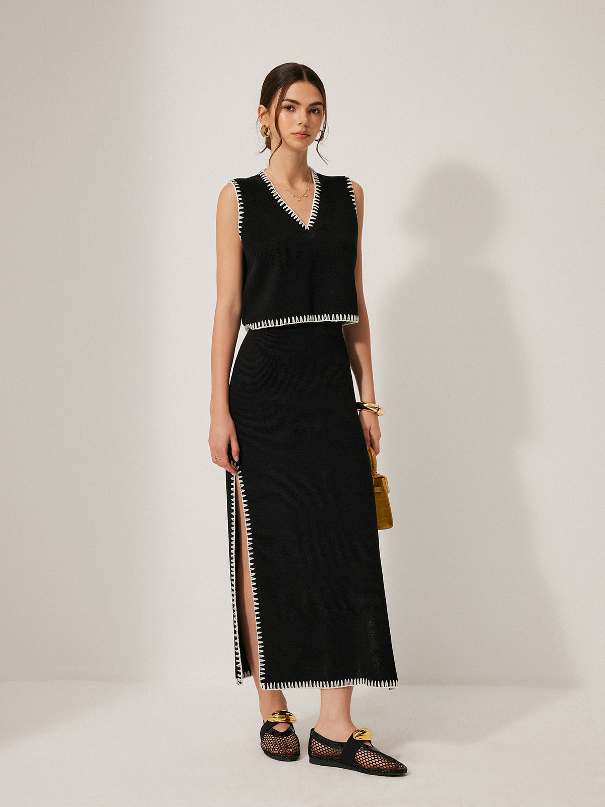 Contrast Trim Knit Tank Top With Skirt Set-Chicvia