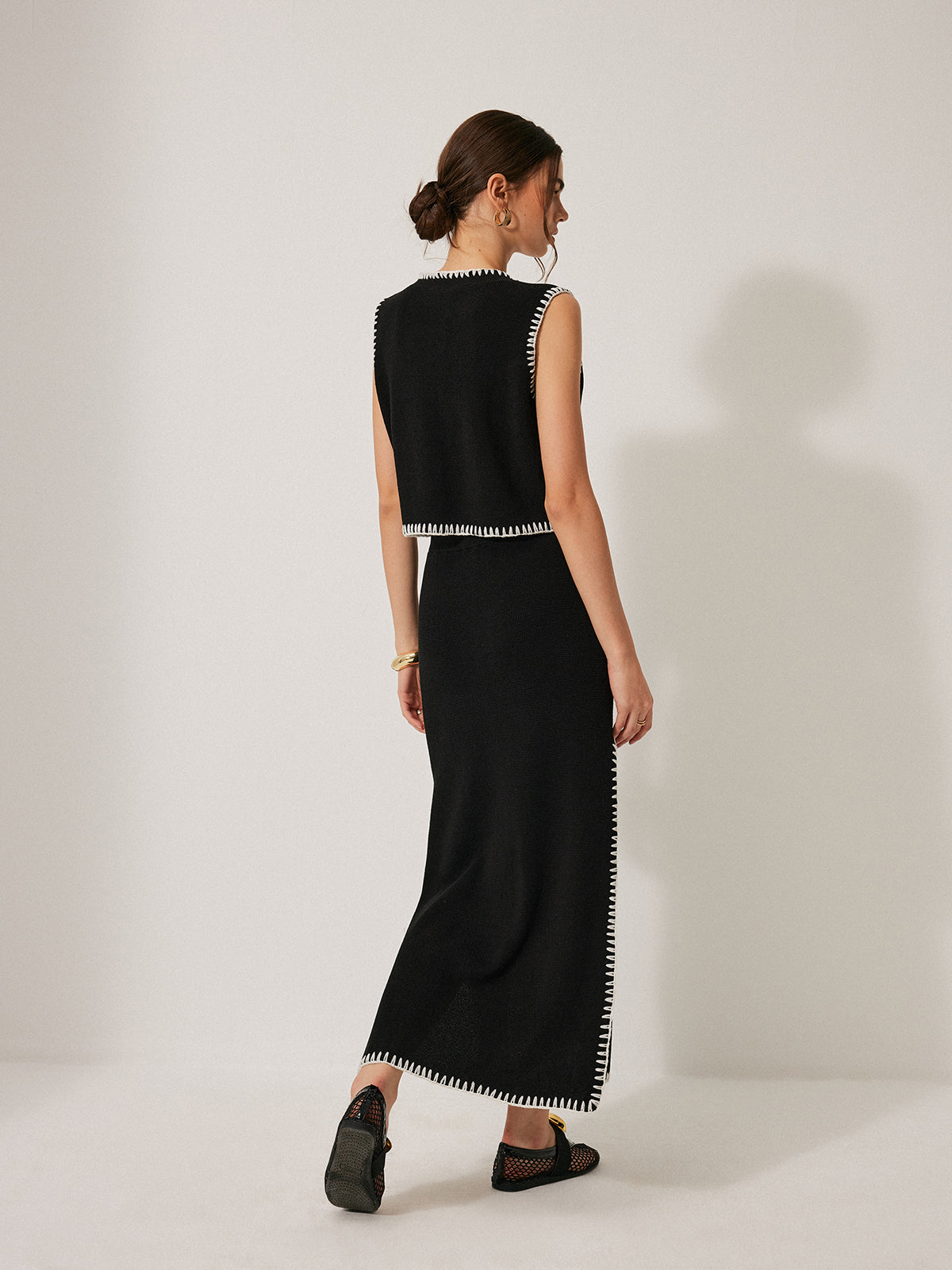 Contrast Trim Knit Tank Top With Skirt Set-Chicvia