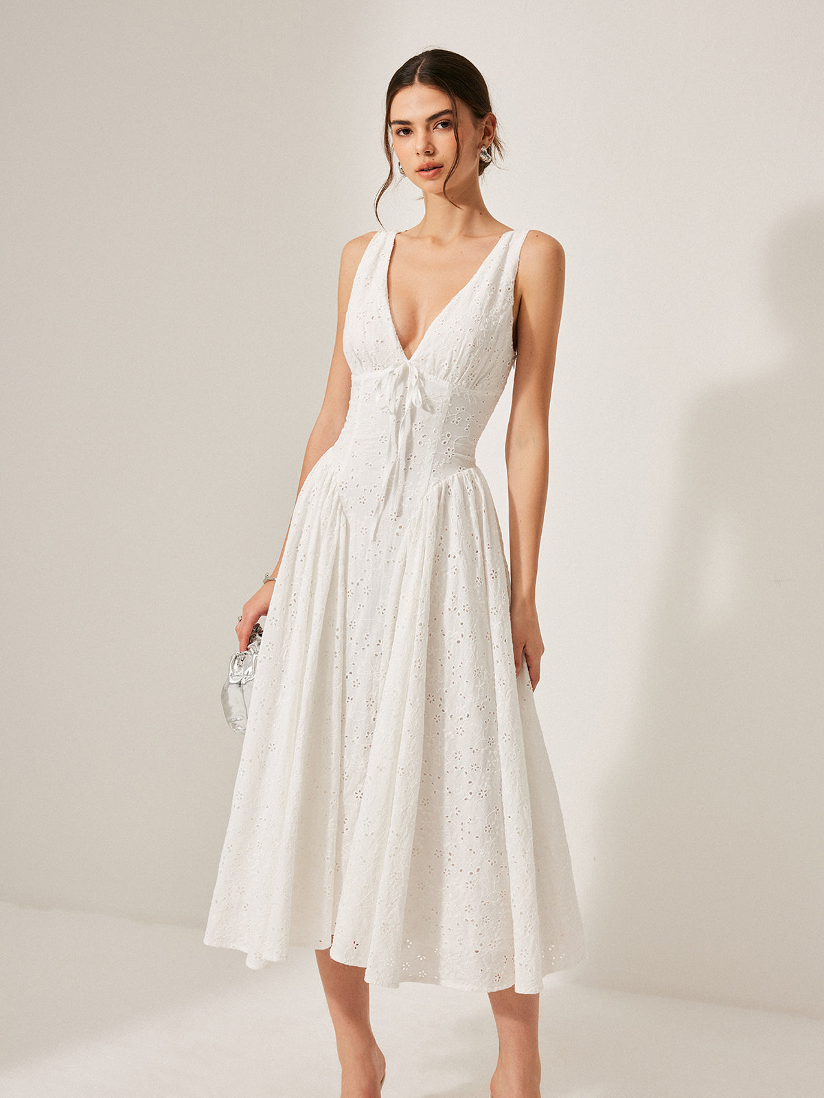 Cotton Embroidered Back Lace-Up Dress-Chicvia