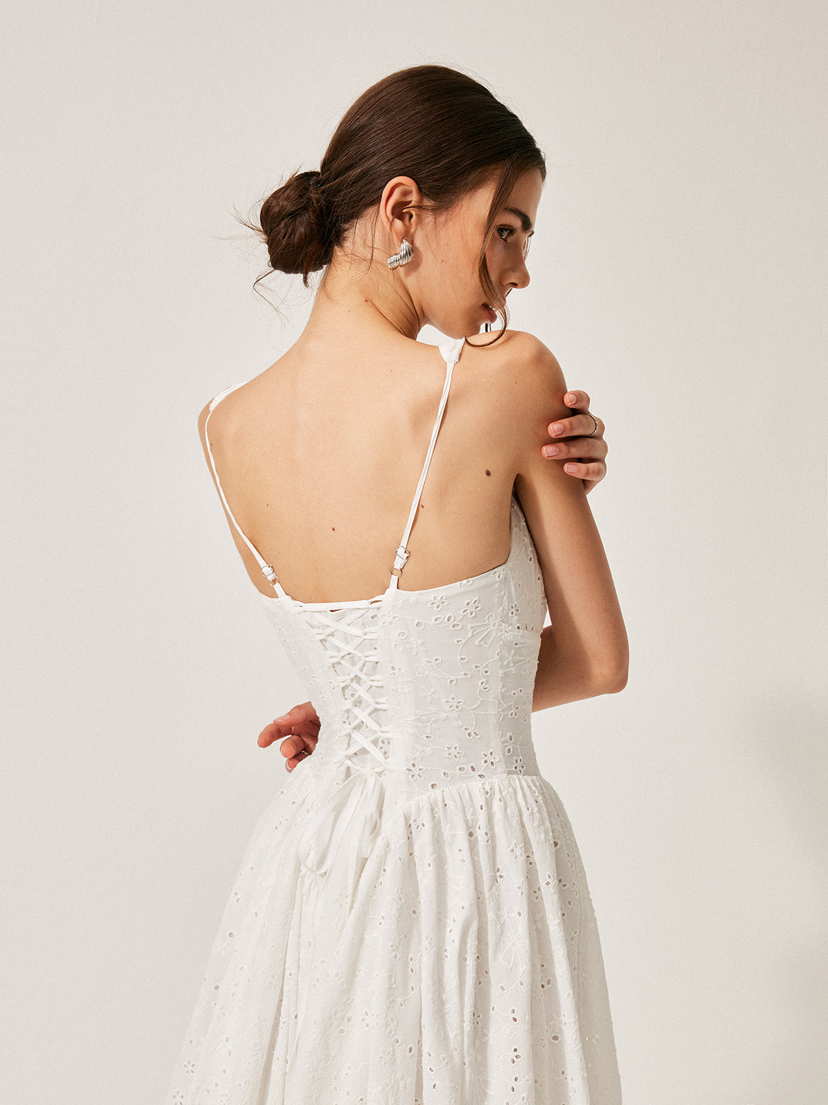 Cotton Embroidered Back Lace-Up Dress-Chicvia