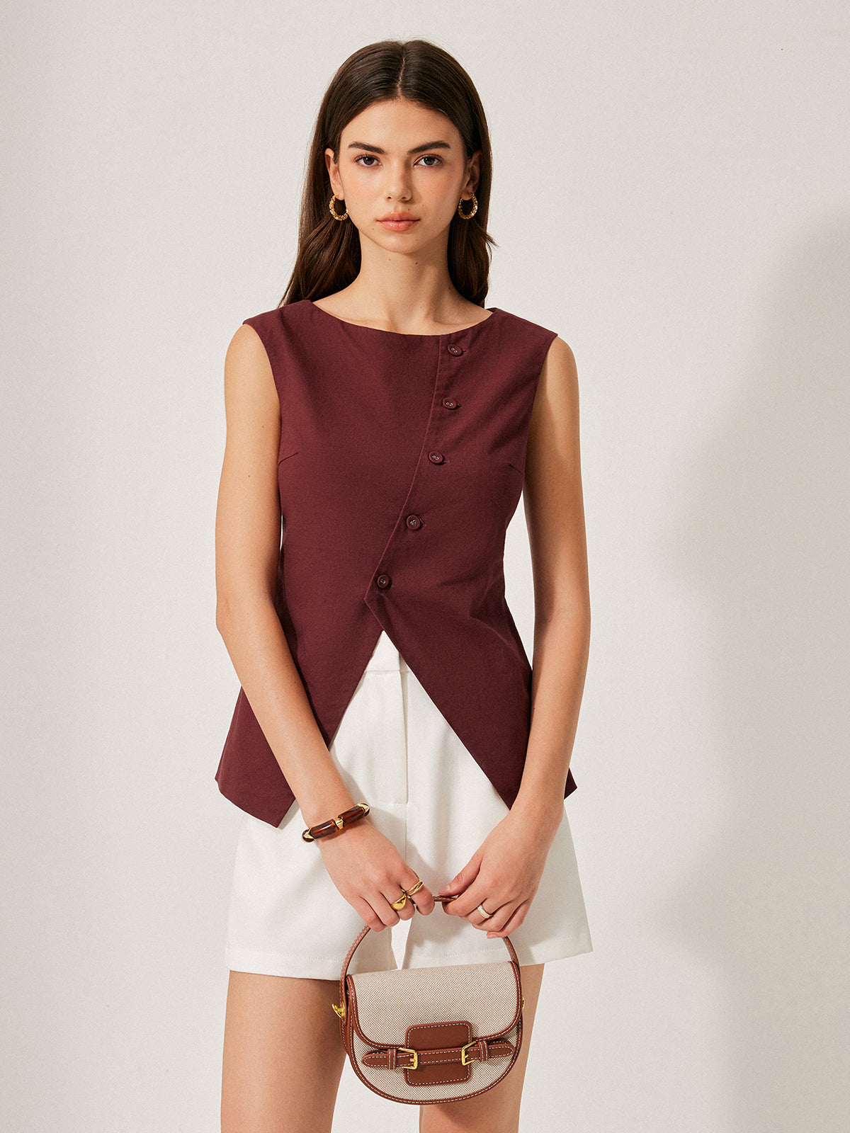 Cotton & Linen Button Detail Top-Chicvia